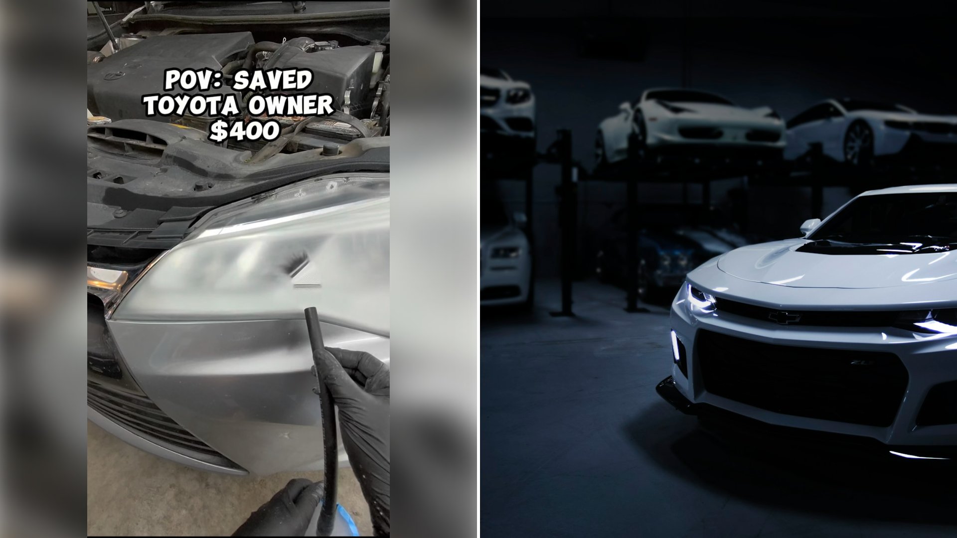 Left: cover still from an Instagram reel by @. Right: a white car with glowing headlamps in a car storage facility (Unsplash photo by Peter Broomfield).