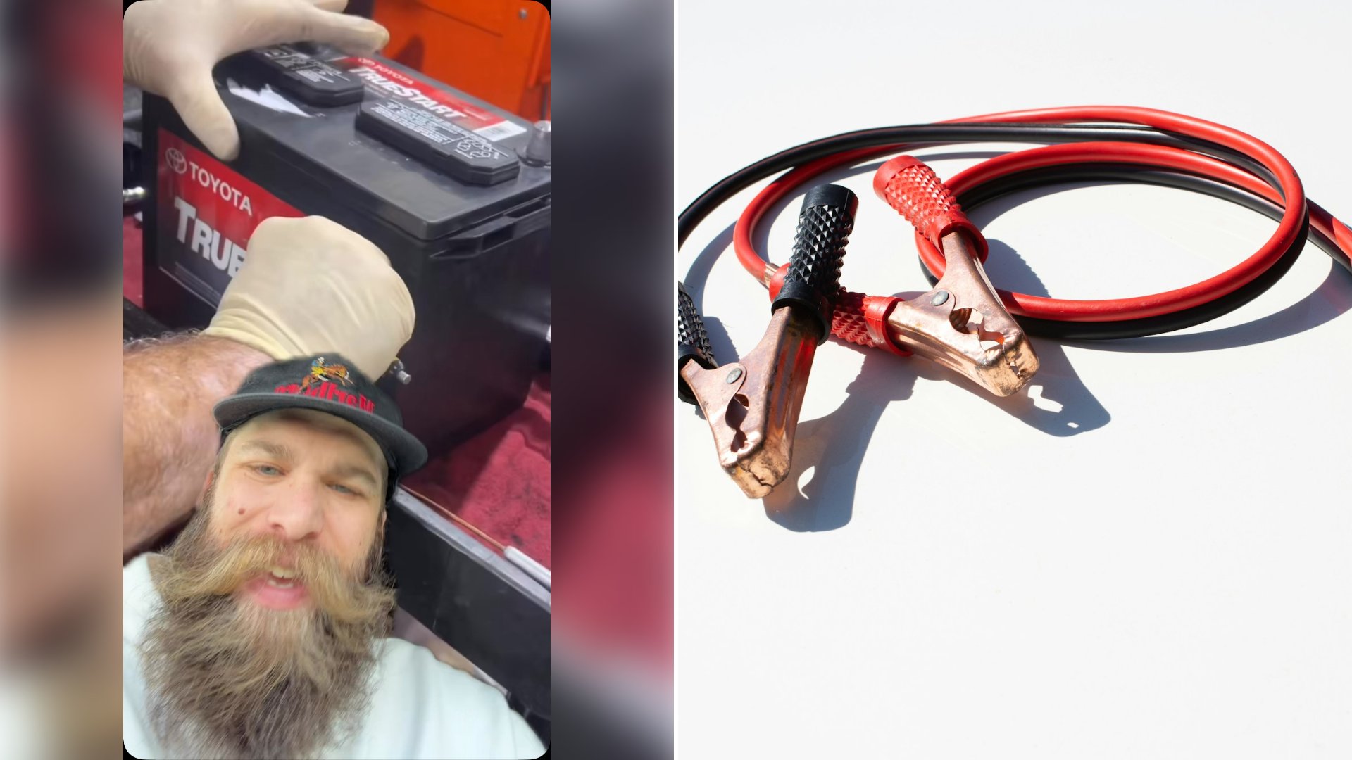 Left: cover still from an Instagram reel by @. Right: red and black jumper cables for a car battery (Unsplash photo by Daniel @ bestjumpstarterreview.com).