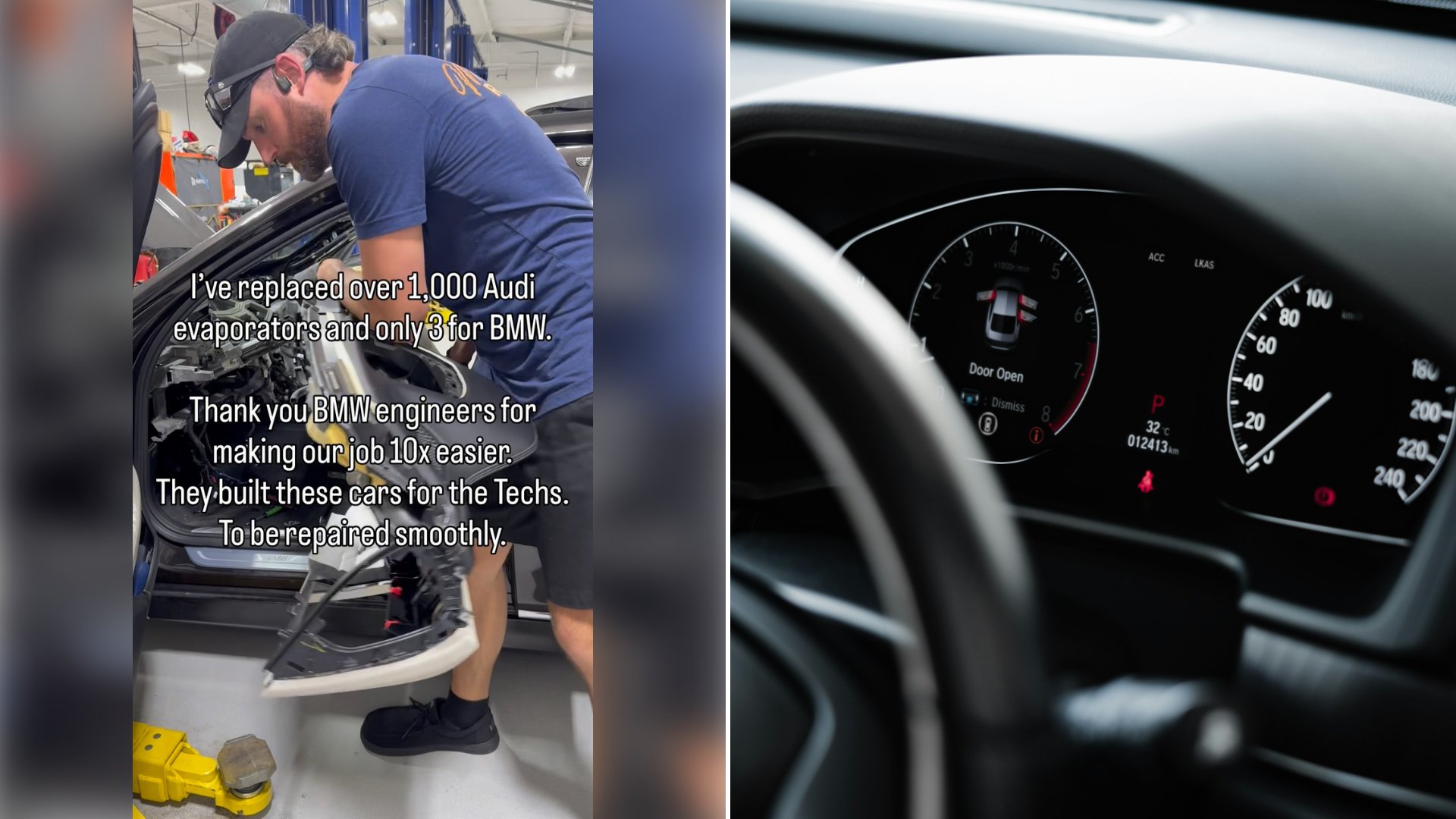 Left: cover still from an Instagram reel by @. Right: a car dashboard with a black steering wheel (Unsplash photo by Mark Chan).