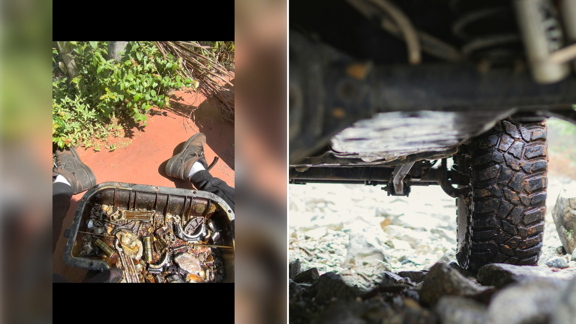 Left: cover still from an Instagram reel by @. Right: a view from underneath a 4x4 showing wet knobby tires on rocks (Unsplash photo by Greg Rosenke).