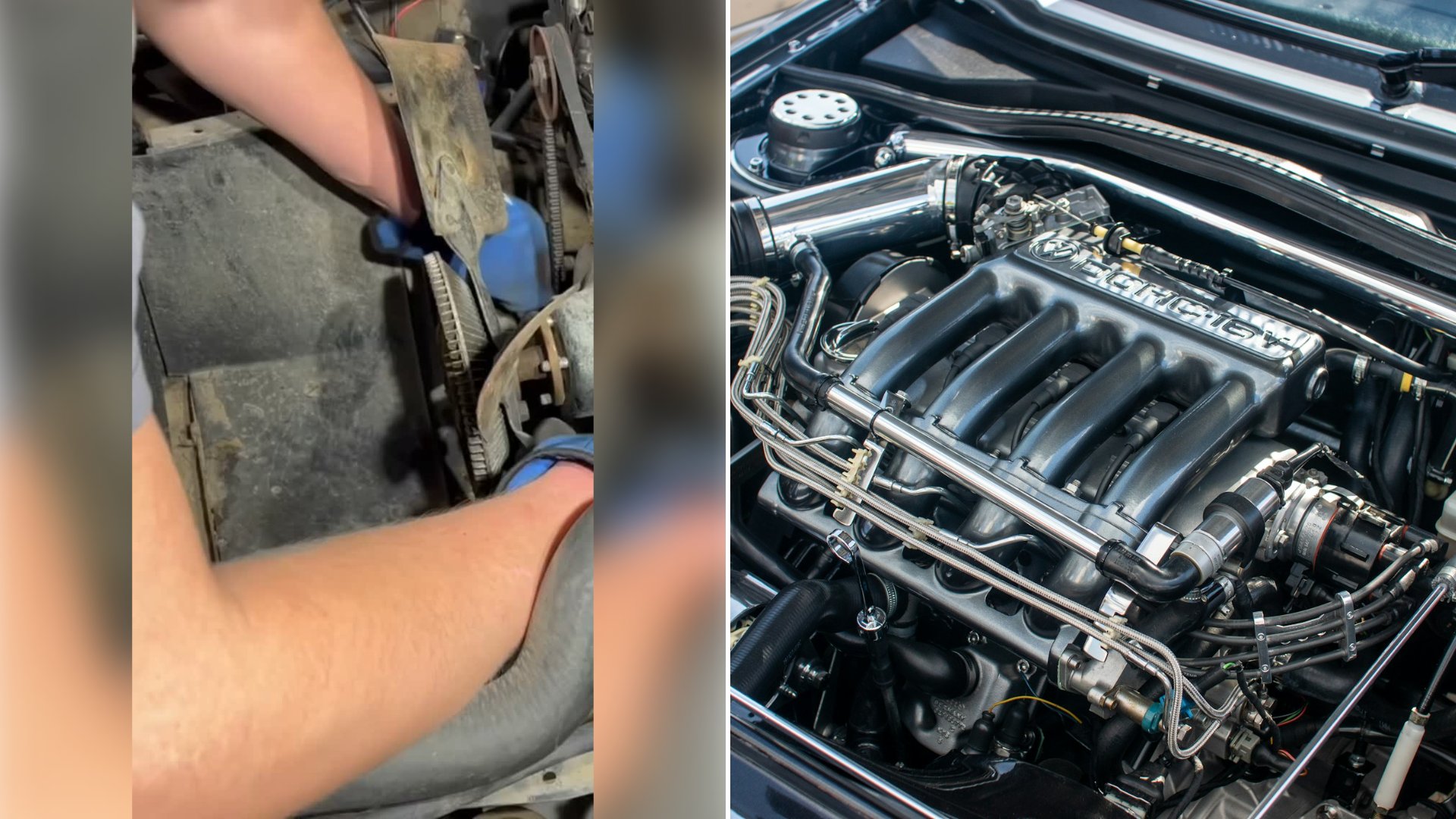 Left: cover still from an Instagram reel by @. Right: the engine compartment of a car with the hood up (Unsplash photo by Luca Hooijer).