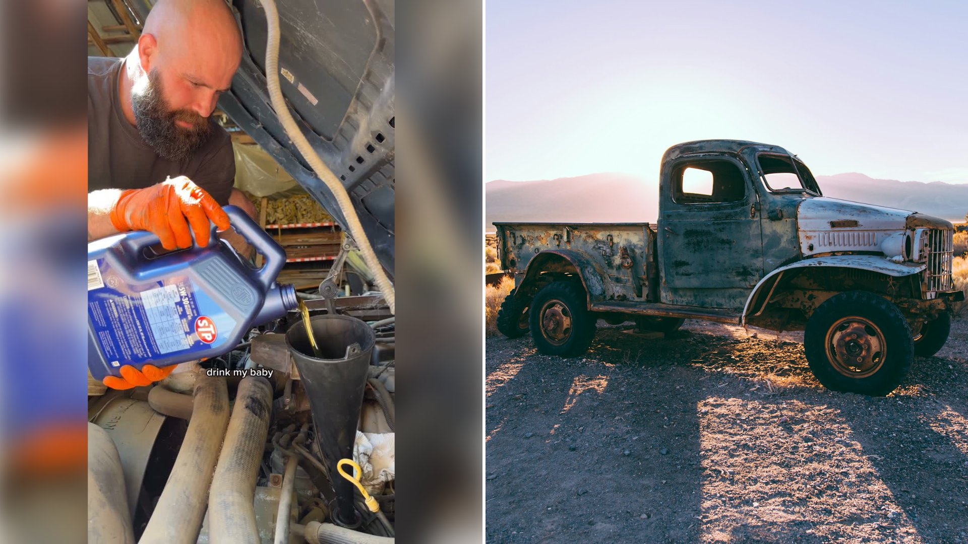Left: cover still from an Instagram reel by @. Right: an old gray single-cab truck on a desert farm (Unsplash photo by Ash Edmonds).