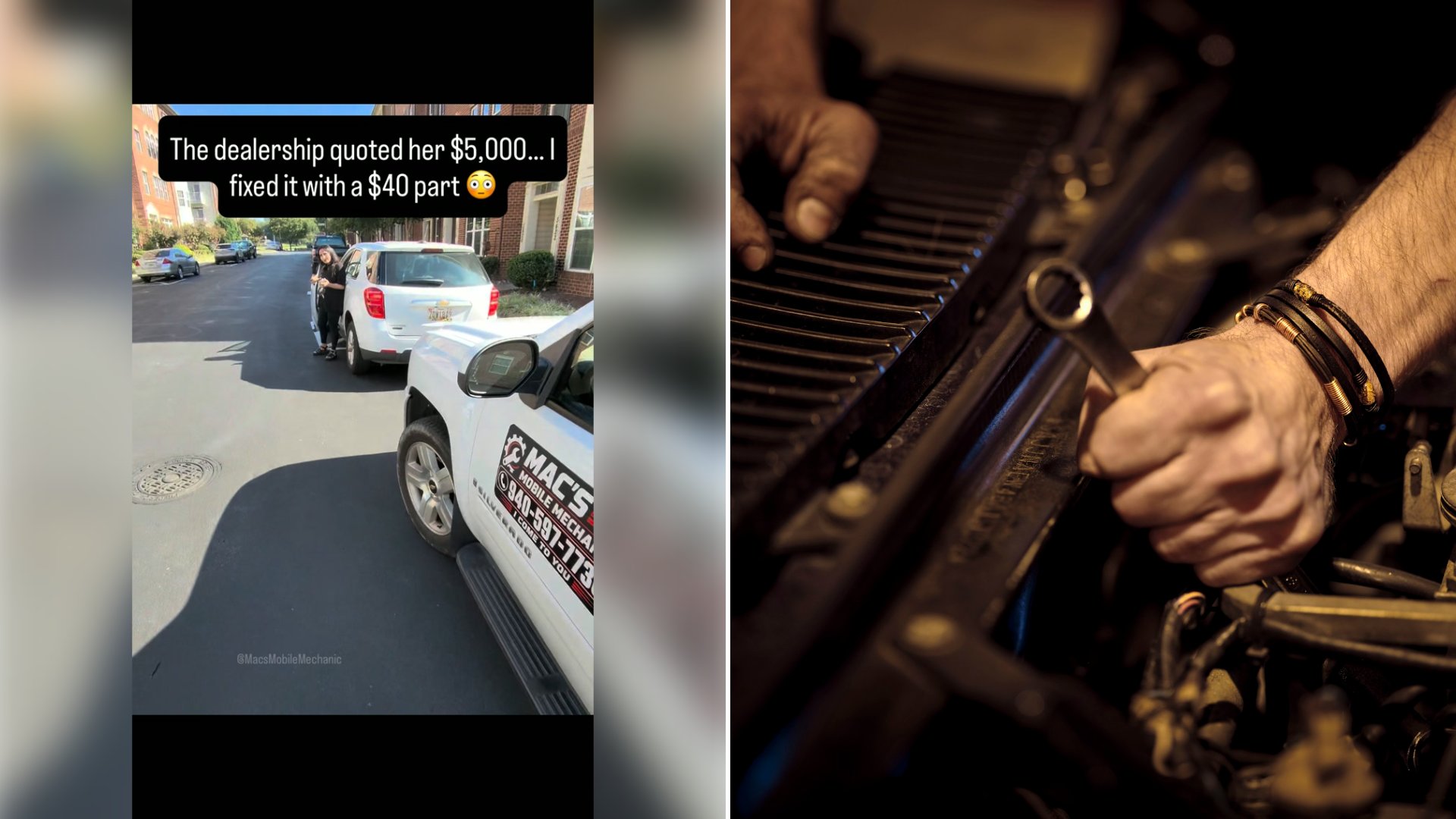 Left: cover still from an Instagram reel by @. Right: Greasy hands using a wrench to work on a car engine (Unsplash photo by Christian Buehner).
