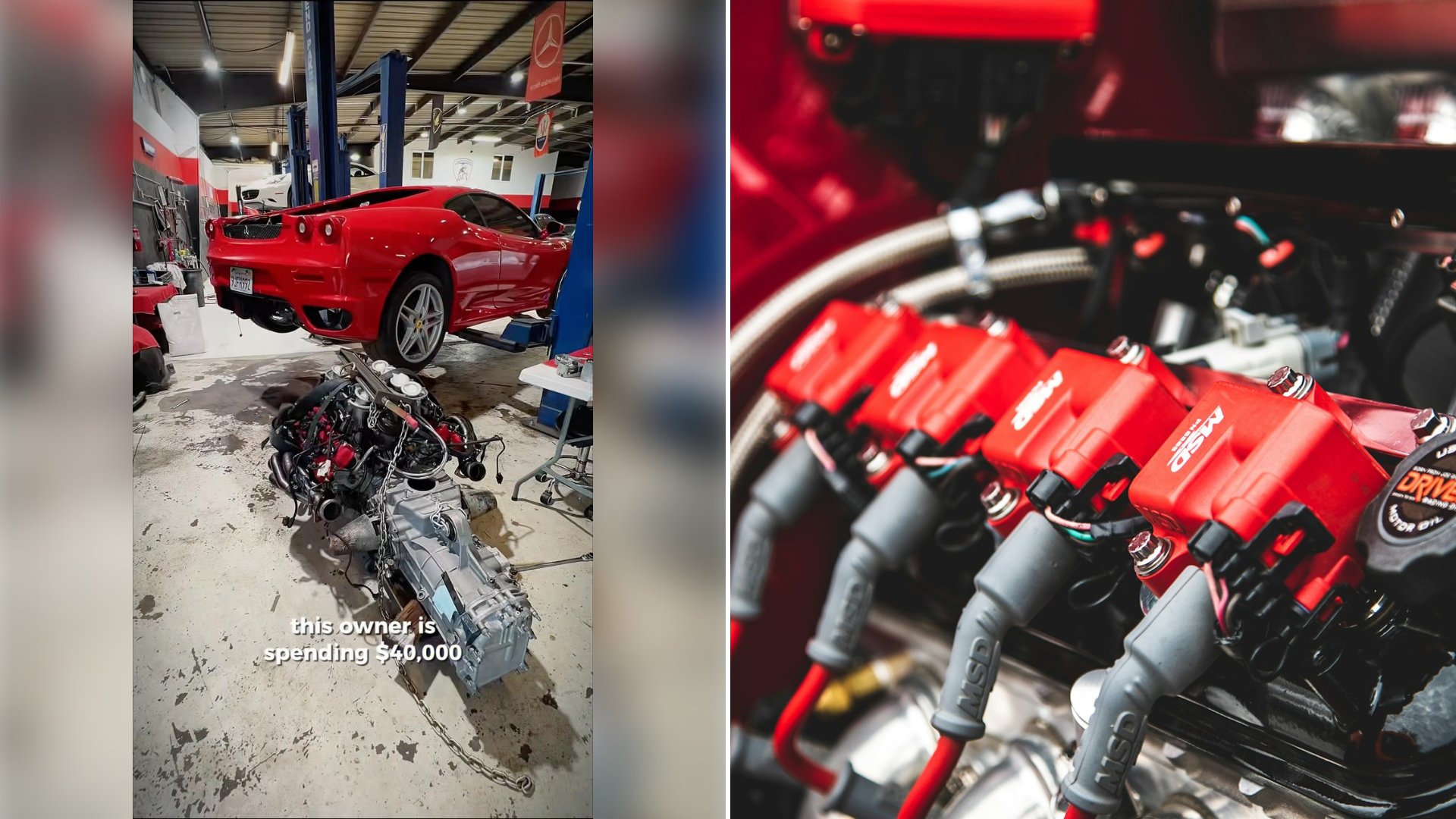 Left: cover still from an Instagram reel by @. Right: A red and black car engine with fuel system components (Unsplash photo by Chris Carzoli).