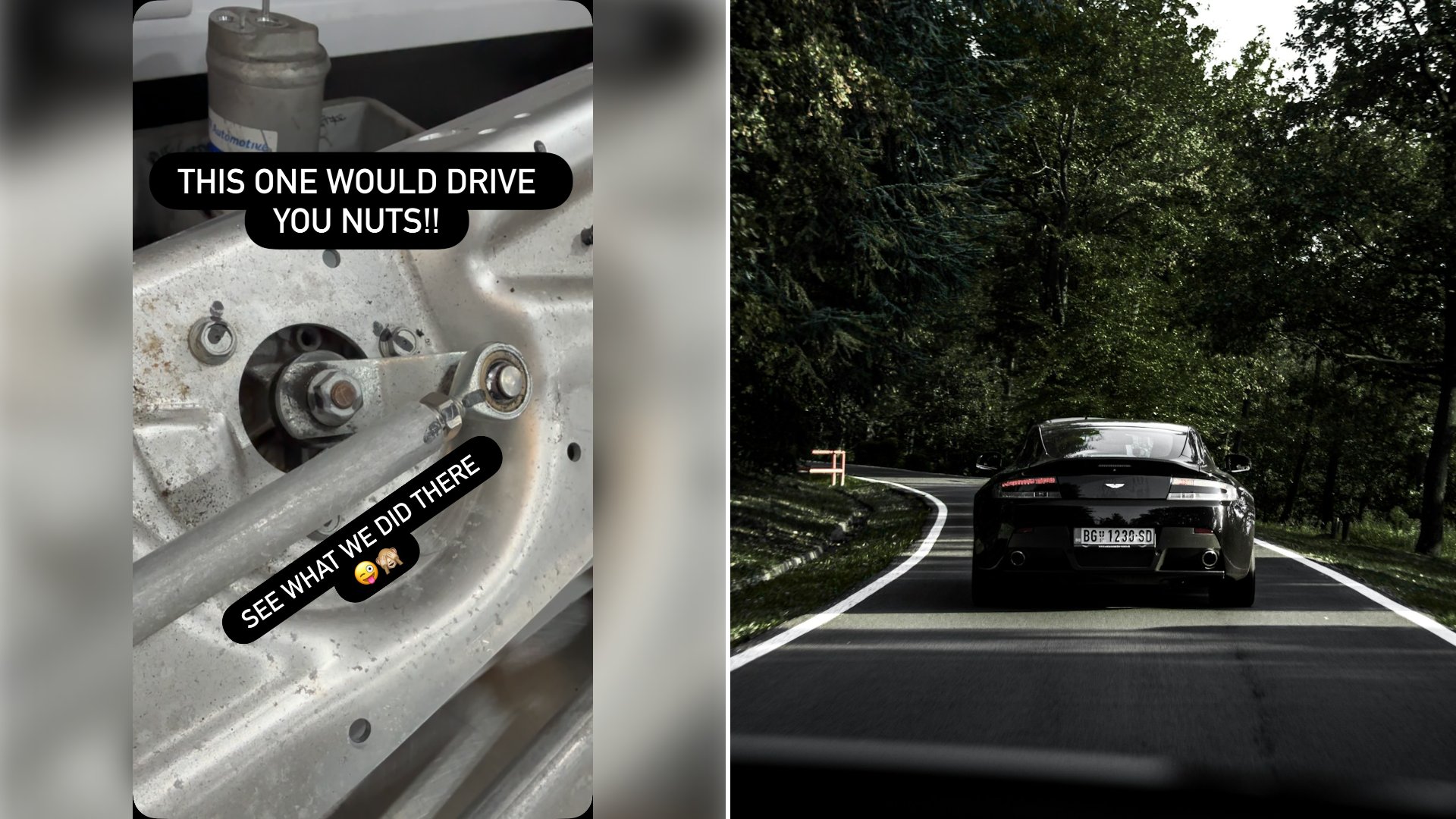 Left: cover still from an Instagram reel by @. Right: A black Aston Martin coupe on a road in daylight (Unsplash photo by Felipe Simo).