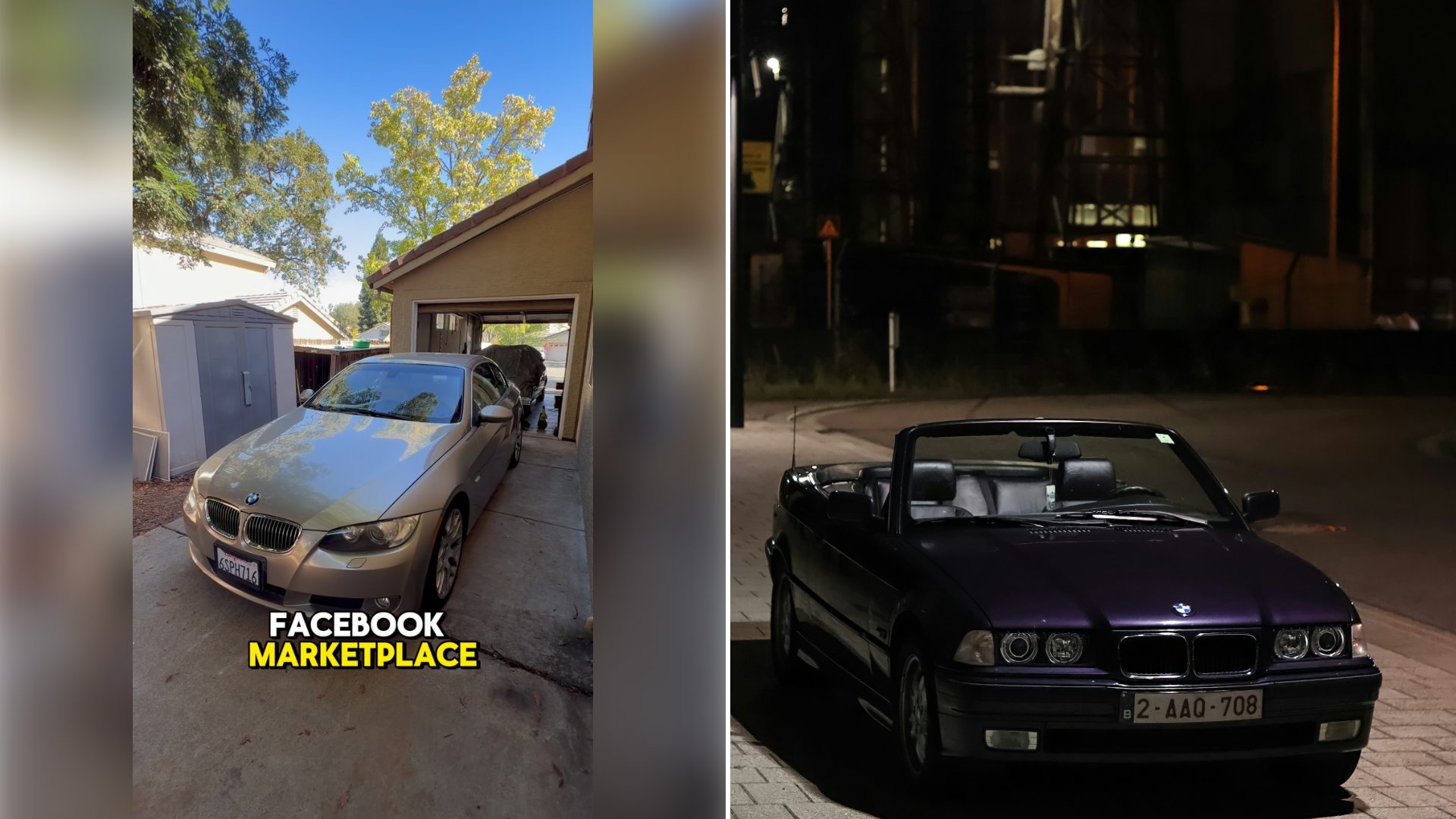 Left: cover still from an Instagram reel by @. Right: A purple convertible car parked on the side of the road (Unsplash photo by Dennis E30).