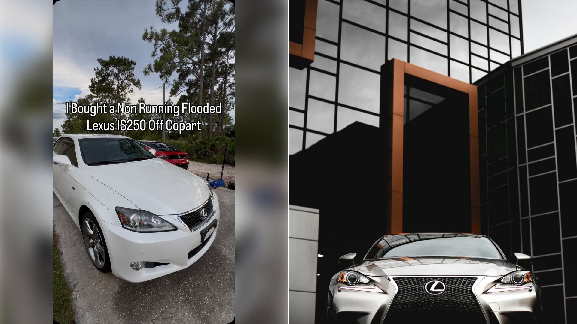 Left: cover still from an Instagram reel by @. Right: A silver Lexus sedan (Unsplash photo by Steven Binotto).