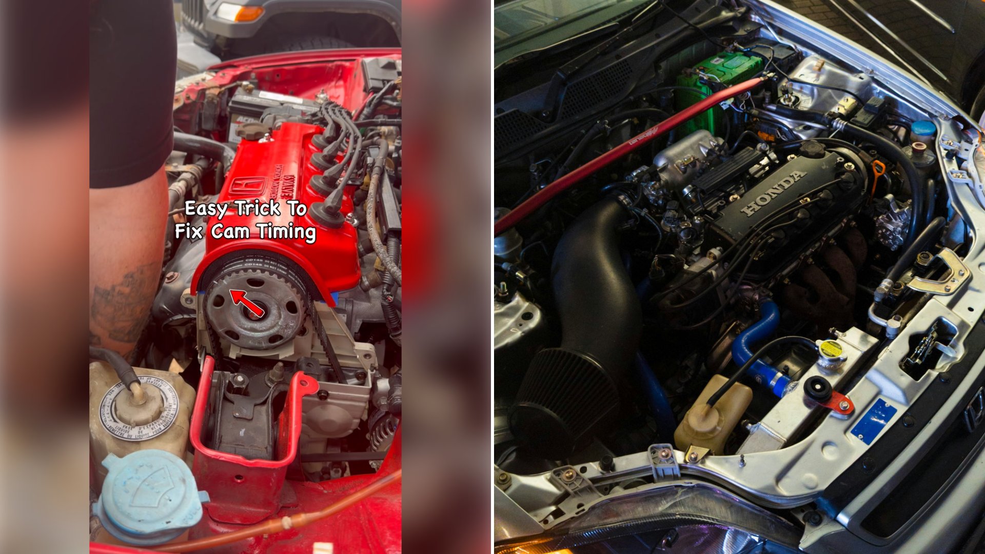 Left: cover still from an Instagram reel by @. Right: A modified Honda engine under the hood with a black valve cover (Unsplash photo by sdl sanjaya).