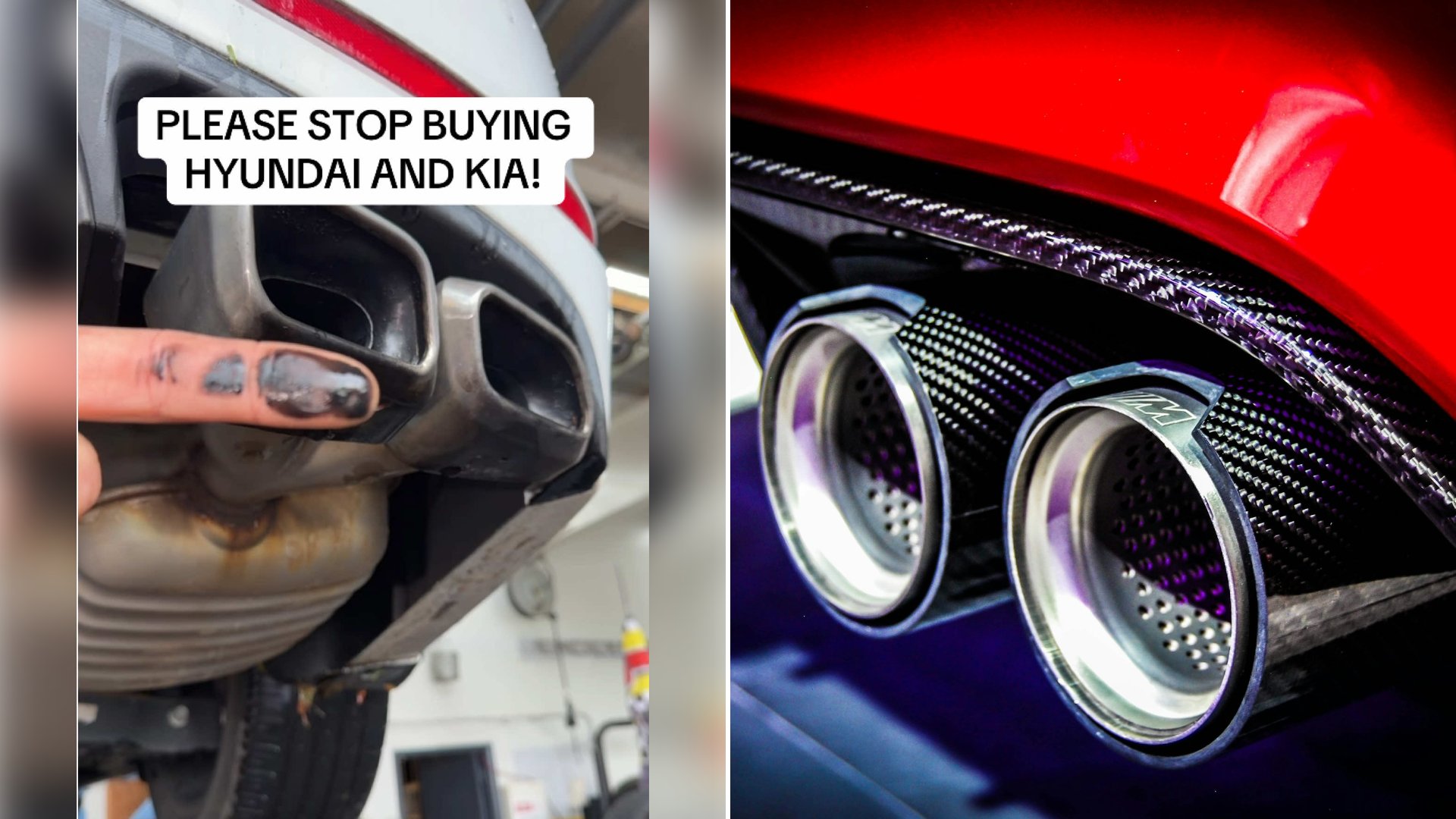 Left: cover still from a TikTok video by @theclawboss. Right: A close-up of a car's exhaust tip (Unsplash photo by Nick Thomas).