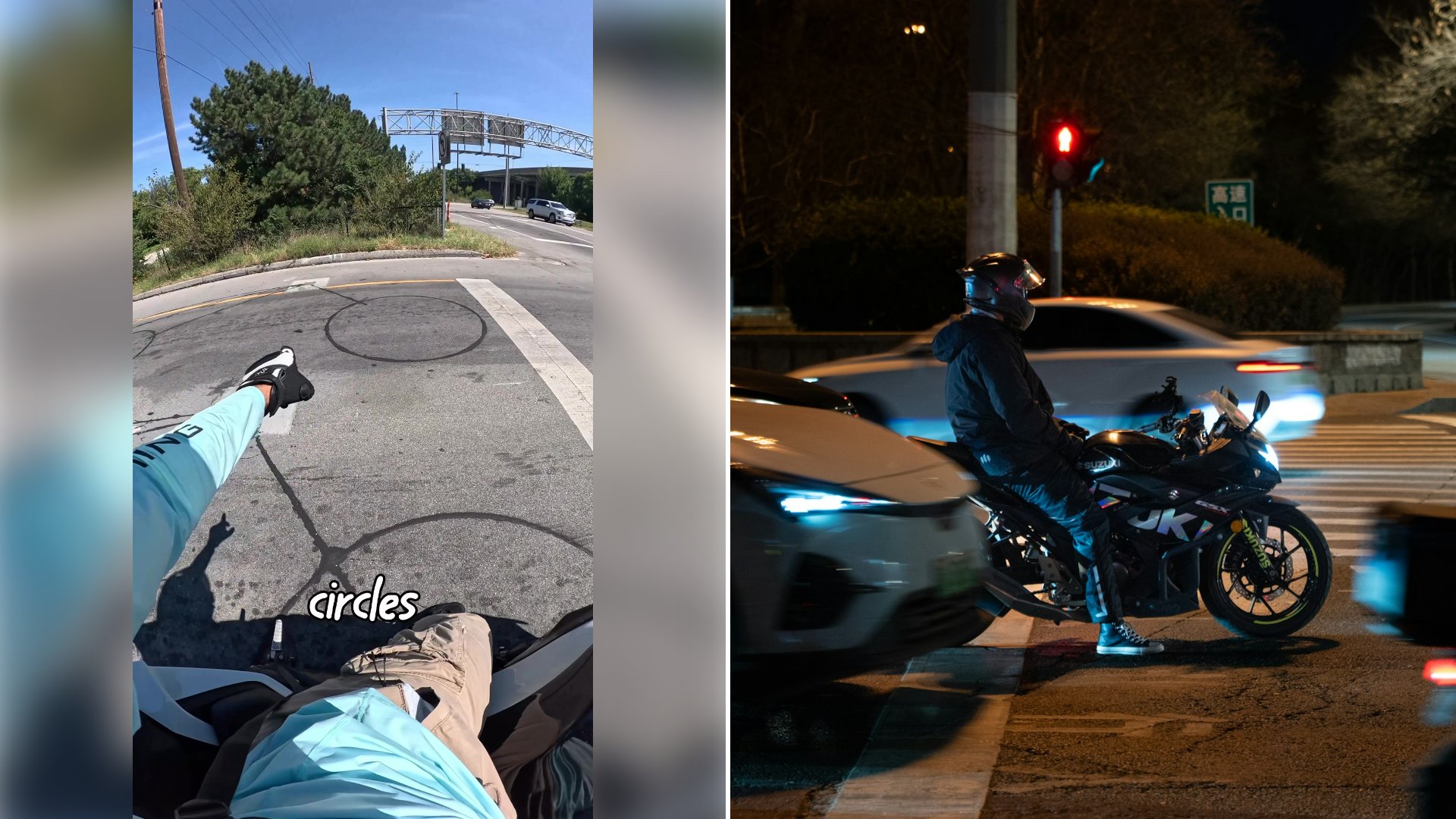 Left: cover still from a TikTok video by @kal_6r. Right: A motorcyclist waiting at a city intersection at night (Unsplash photo by Steven Lynn).