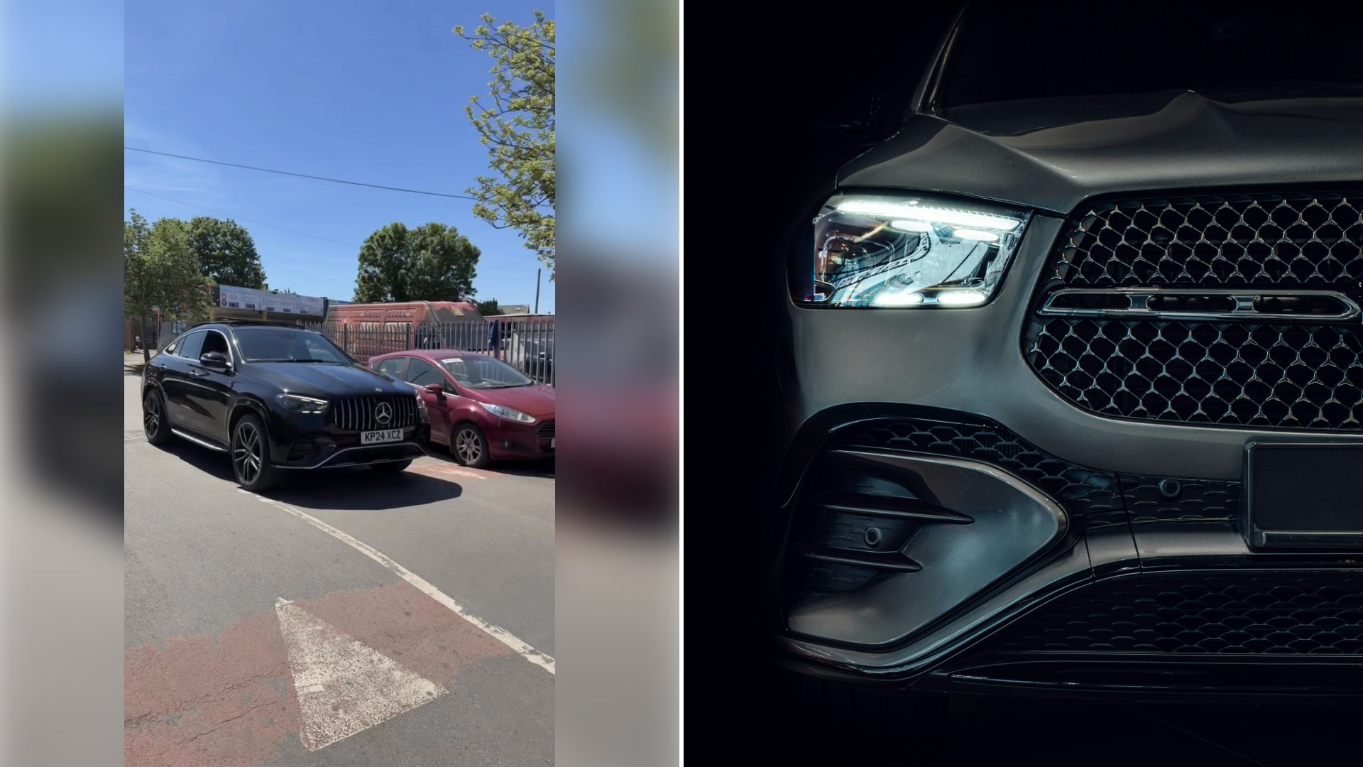 Left: cover still from a TikTok video by @oyeballer84. Right: The front end of a black Mercedes-Benz SUV (Unsplash photo by Lukáš Parničan).
