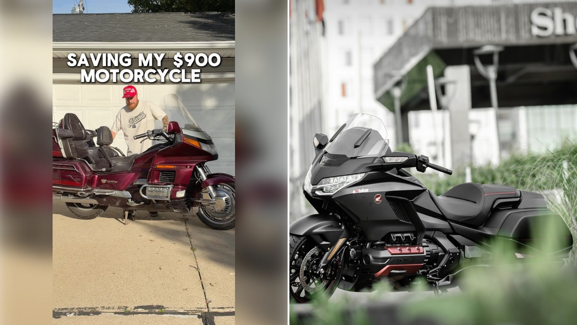 Left: cover still from an Instagram reel by @. Right: A black and red Honda Gold Wing touring motorcycle parked on a green grass field (Unsplash photo by Mehmet Talha Onuk).