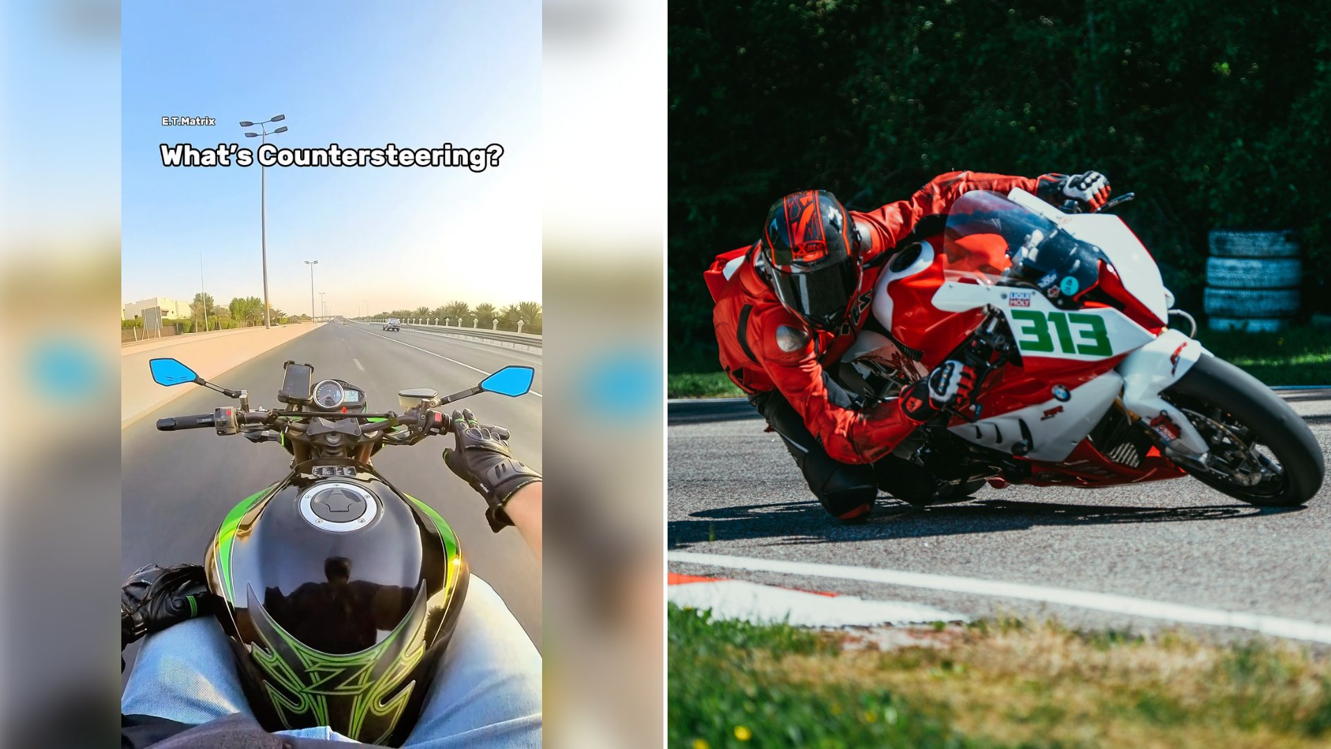 Left: cover still from an Instagram reel by @. Right: A helmeted rider leaning a sports motorcycle through a corner on a track (Unsplash photo by Oskar Kadaksoo).