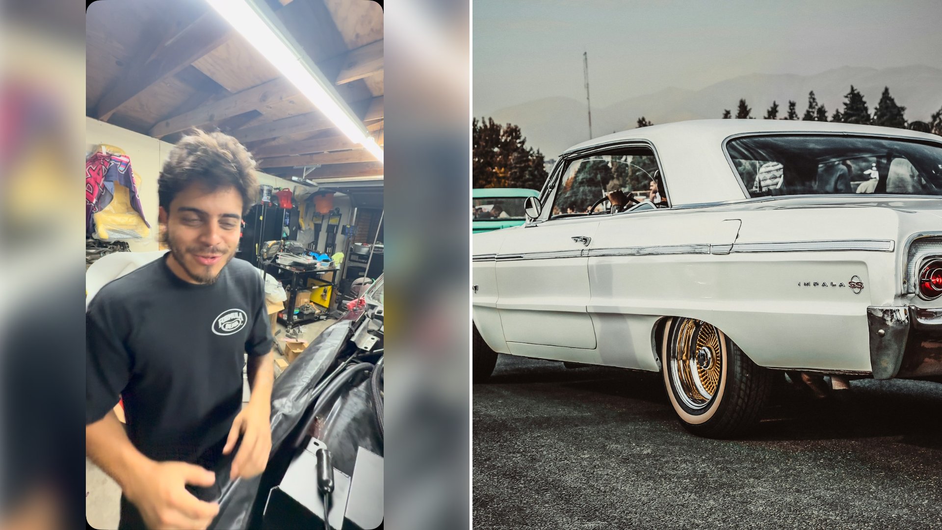 Left: cover still from an Instagram reel by @. Right: A white 1964 Chevrolet Impala coupe parked on a street (Unsplash photo by Ali Moharami).
