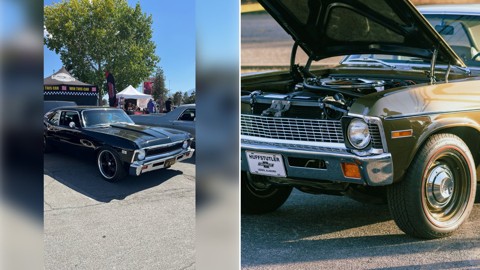 Left: cover still from an Instagram reel by @. Right: An old Chevy Nova with its hood open parked on a street (Unsplash photo by Anthony Roberts).