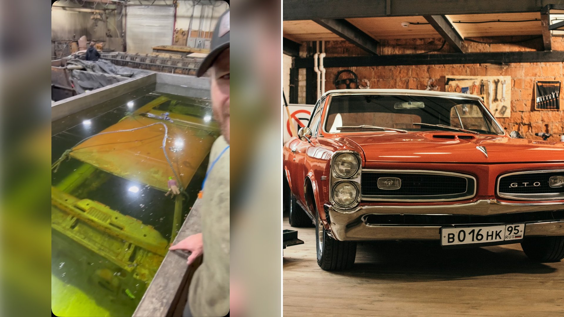 Left: cover still from an Instagram reel by @. Right: A red classic muscle car parked in front of a brown building (Unsplash photo by Alina Rubo).