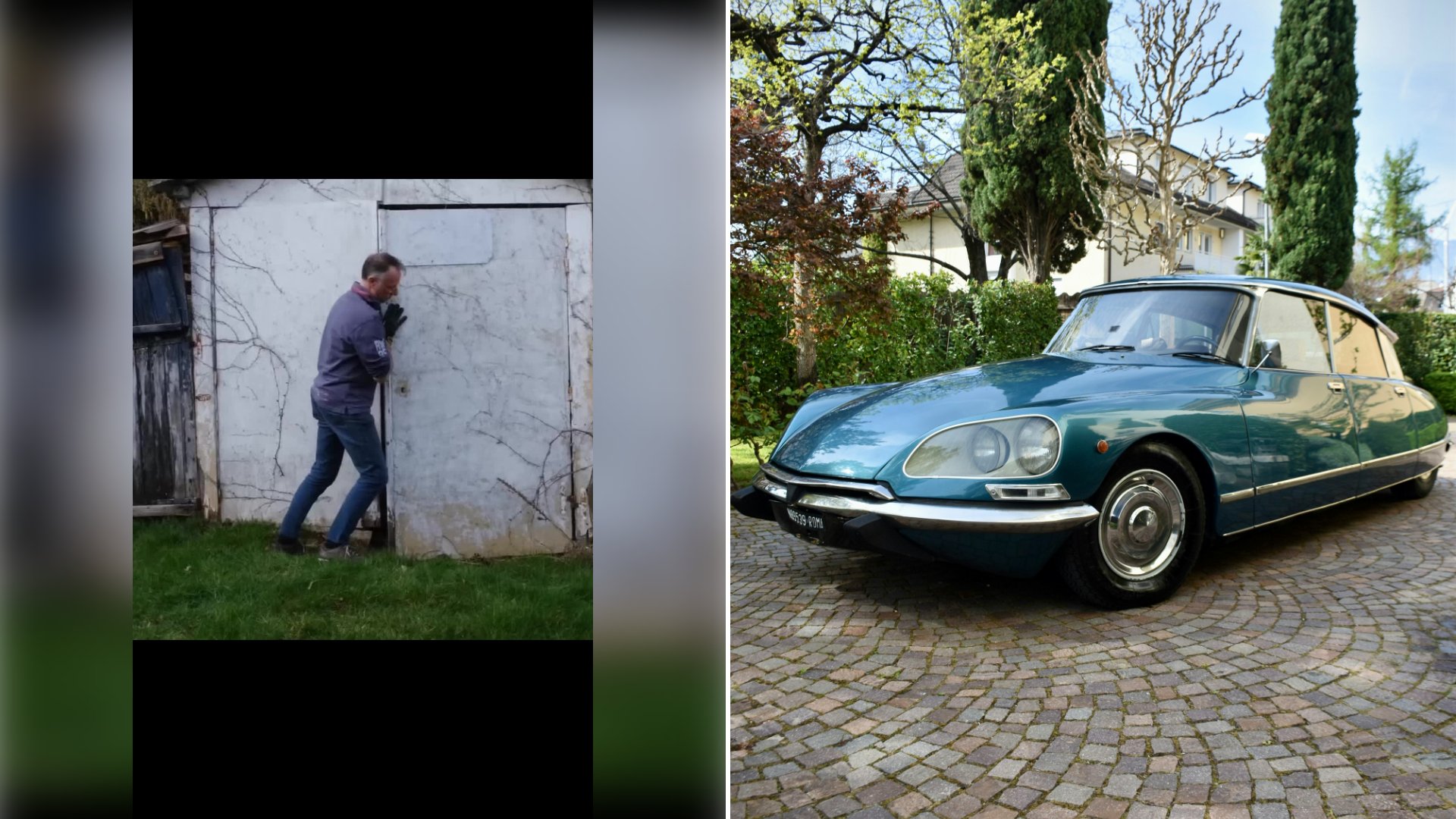 Left: cover still from a TikTok video by @automaster.dm. Right: A blue vintage Citroen DS parked on a cobblestone driveway (Unsplash photo by Arno Senoner).