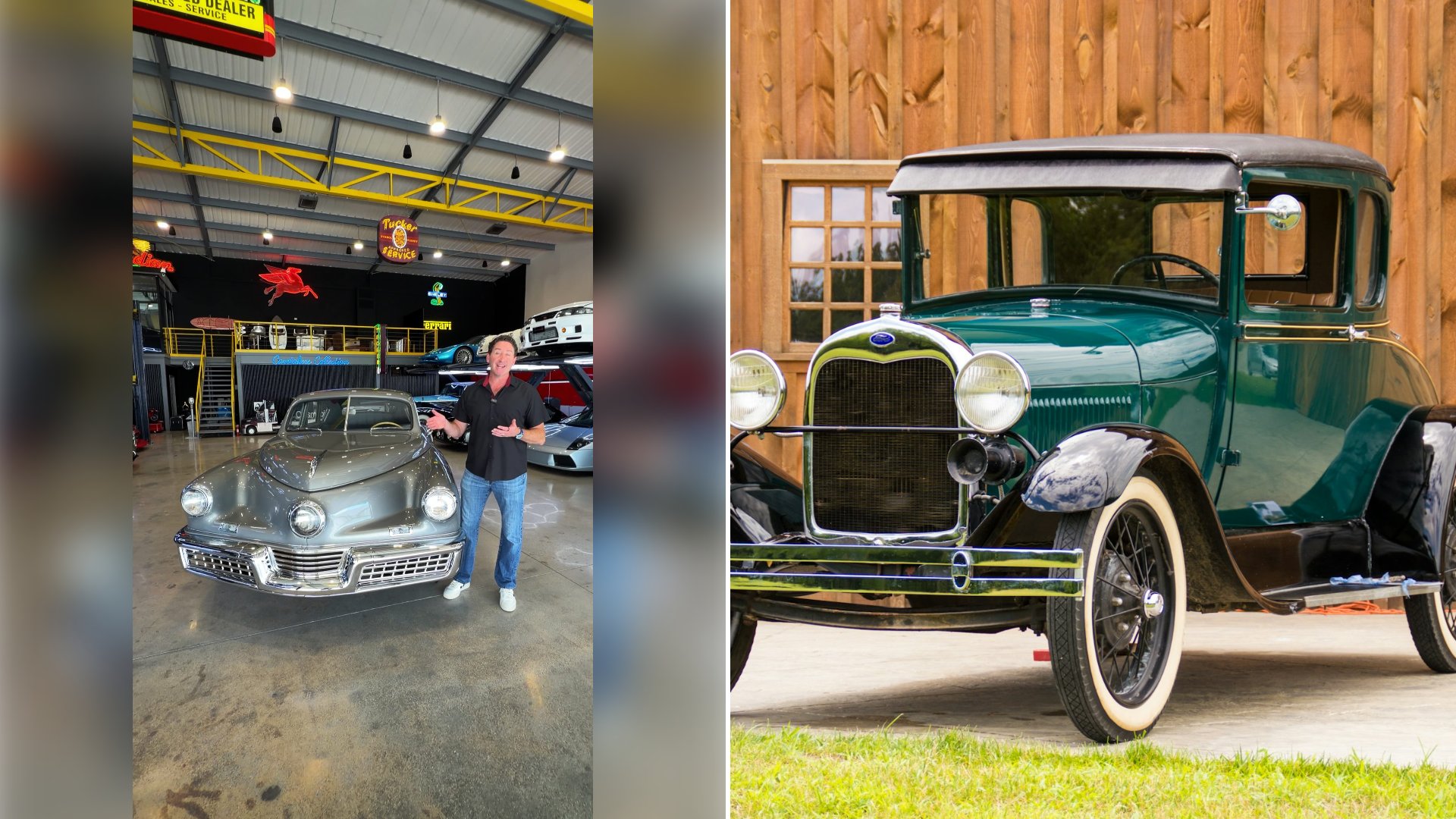 Left: cover still from an Instagram reel by @. Right: A green vintage Ford Model A coupe (Unsplash photo by Philip Schroeder).