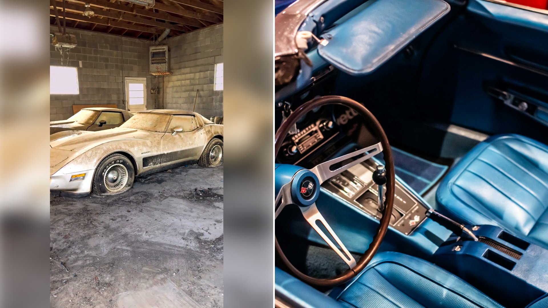 Left: cover still from an Instagram reel by @. Right: The blue leather interior of a classic C3 Corvette Stingray (Unsplash photo by Luca Hooijer).