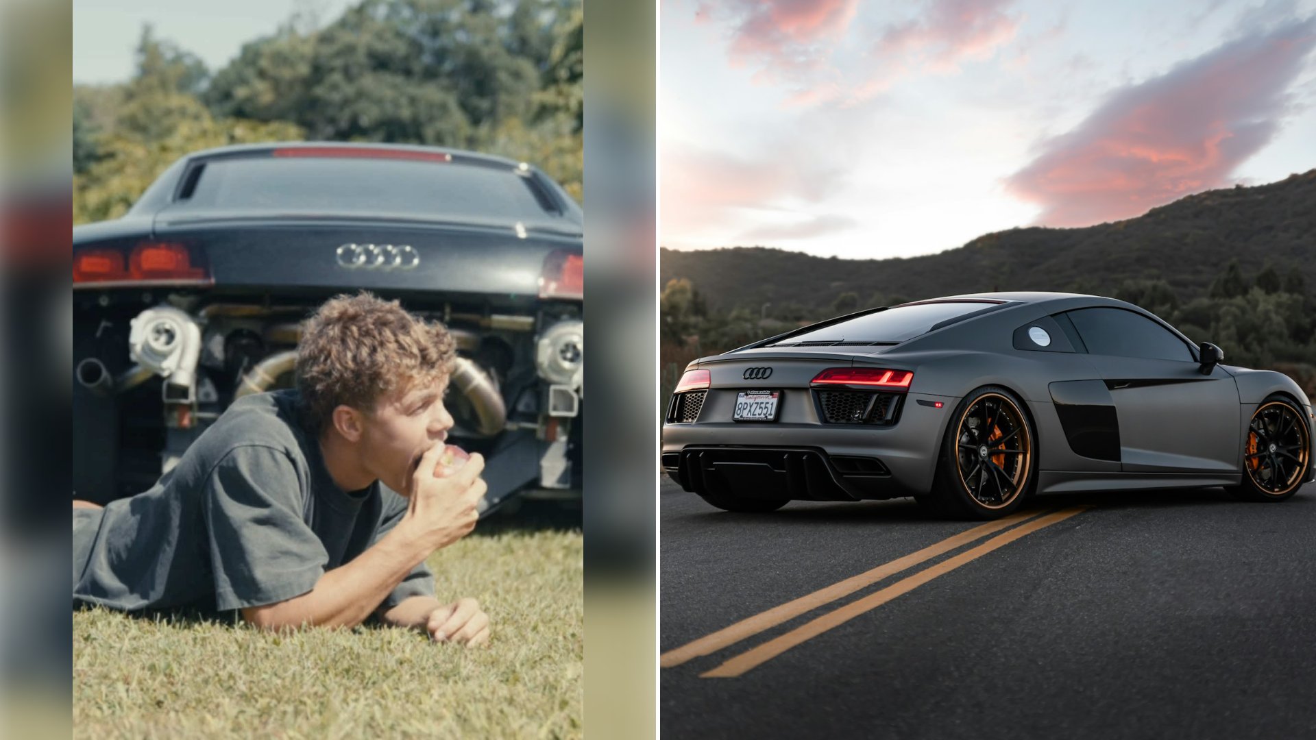 Left: cover still from a TikTok video by @c6kid. Right: A matte grey Audi R8 sports car on a winding road at golden hour (Unsplash photo by Tyler Clemmensen).