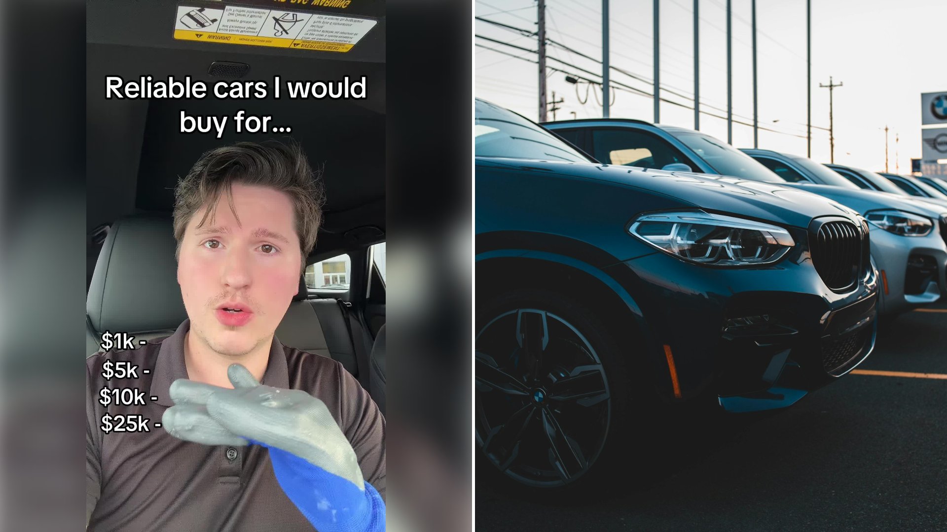 Left: cover still from a TikTok video by @rudycars2. Right: A row of cars parked in a lot (Unsplash photo by Erik Mclean).