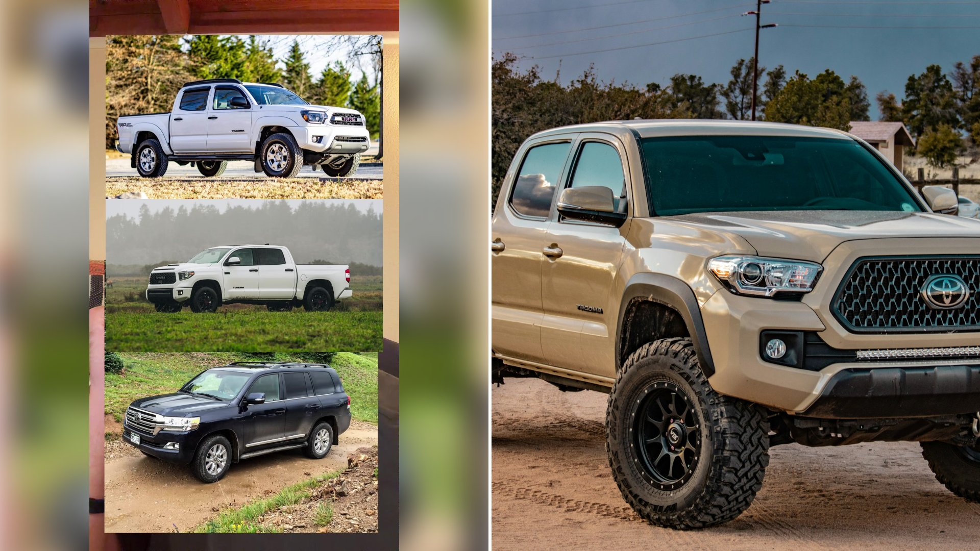 Left: cover still from a TikTok video by @help.you.save. Right: A tan Toyota Tacoma pickup truck on a dirt road (Unsplash photo by Dusty Barnes).