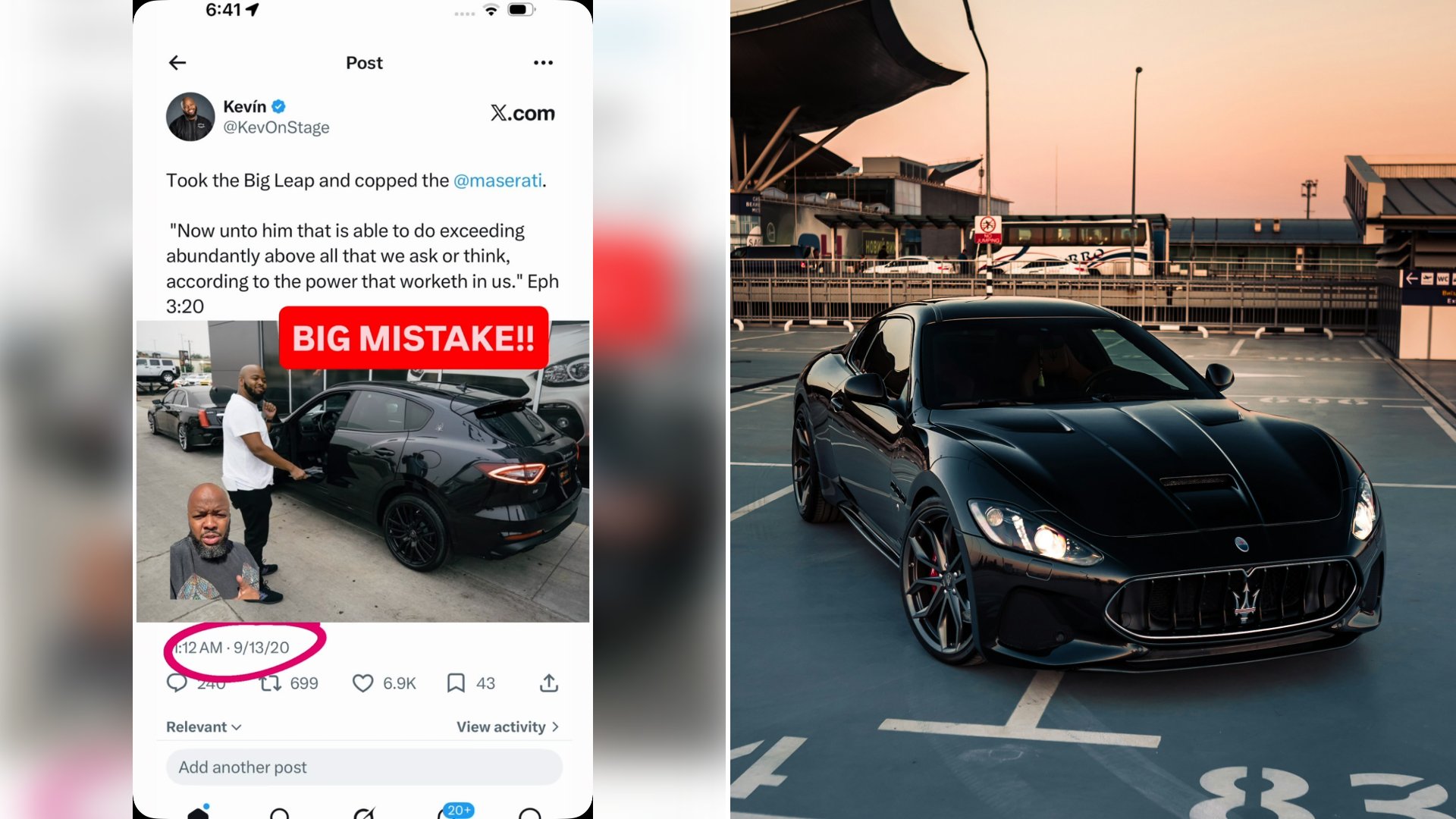 Left: cover still from an Instagram reel by @. Right: A black Maserati GranTurismo parked on a road in front of a building (Unsplash photo by Vlad Grebenyev).