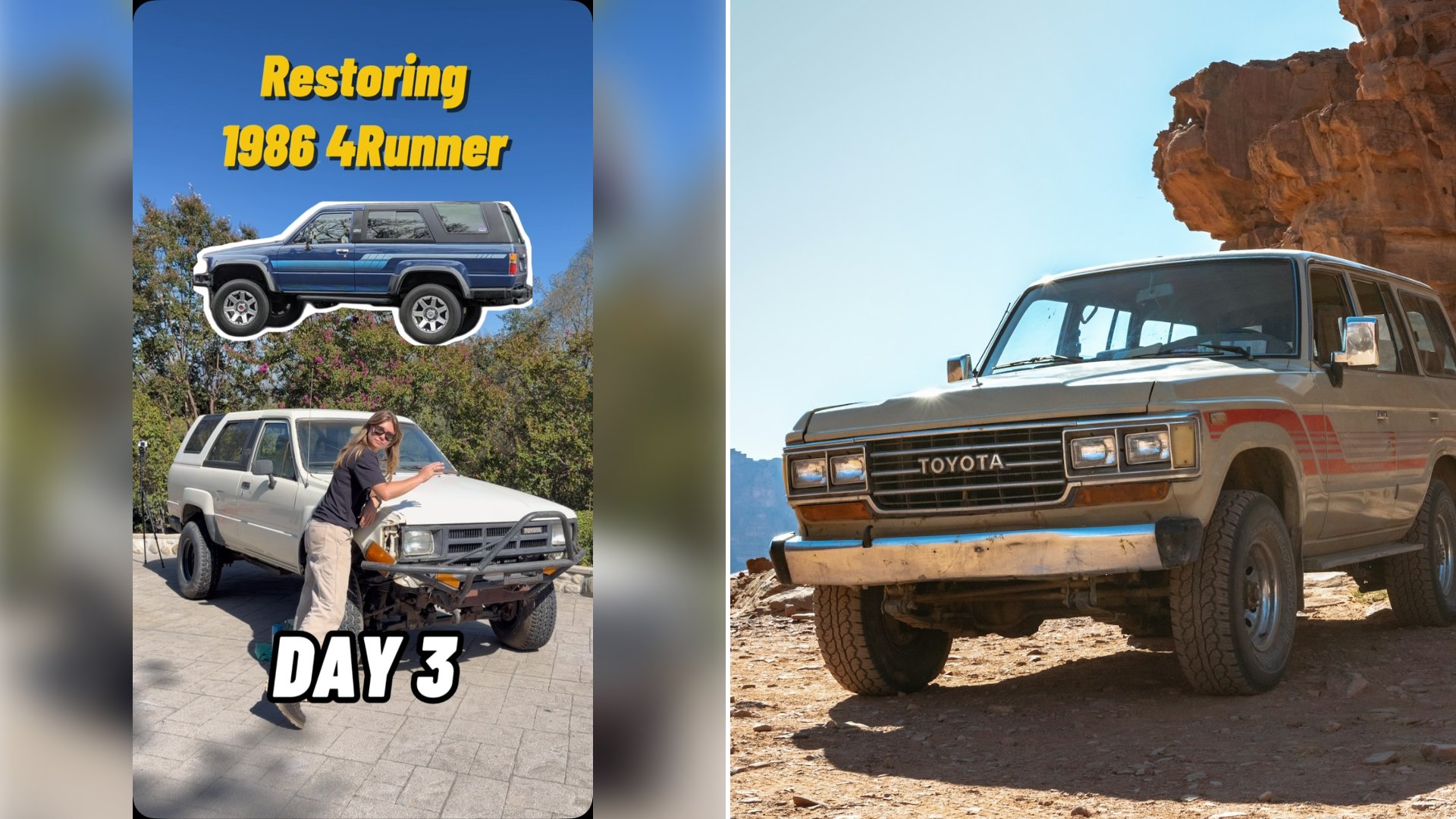 Left: cover still from an Instagram reel by @nicoandy. Right: A silver Toyota Land Cruiser parked on the ground (Unsplash photo by Nikolas Noonan).