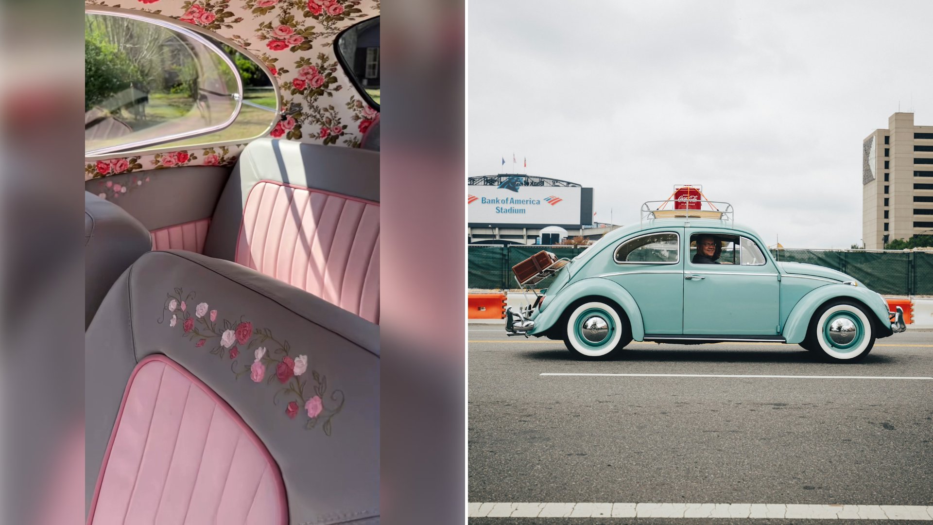Left: cover still from an Instagram reel by @metalmorphosiscars. Right: A teal Volkswagen Beetle on a road (Unsplash photo by Wes Hicks).