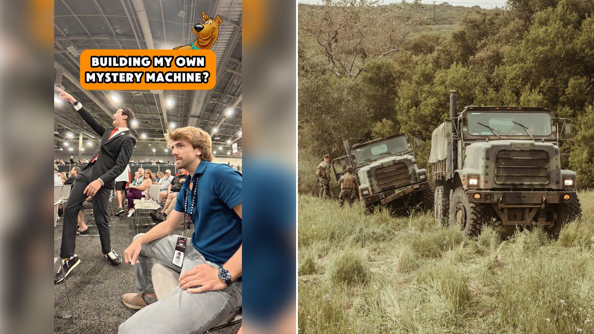 Creator Is Caught On Camera Bidding At A Wild Vehicle Auction On A Decommissioned Tank, A Replica Mystery Machine Van And A Six Wheeled Military Truck All At Once