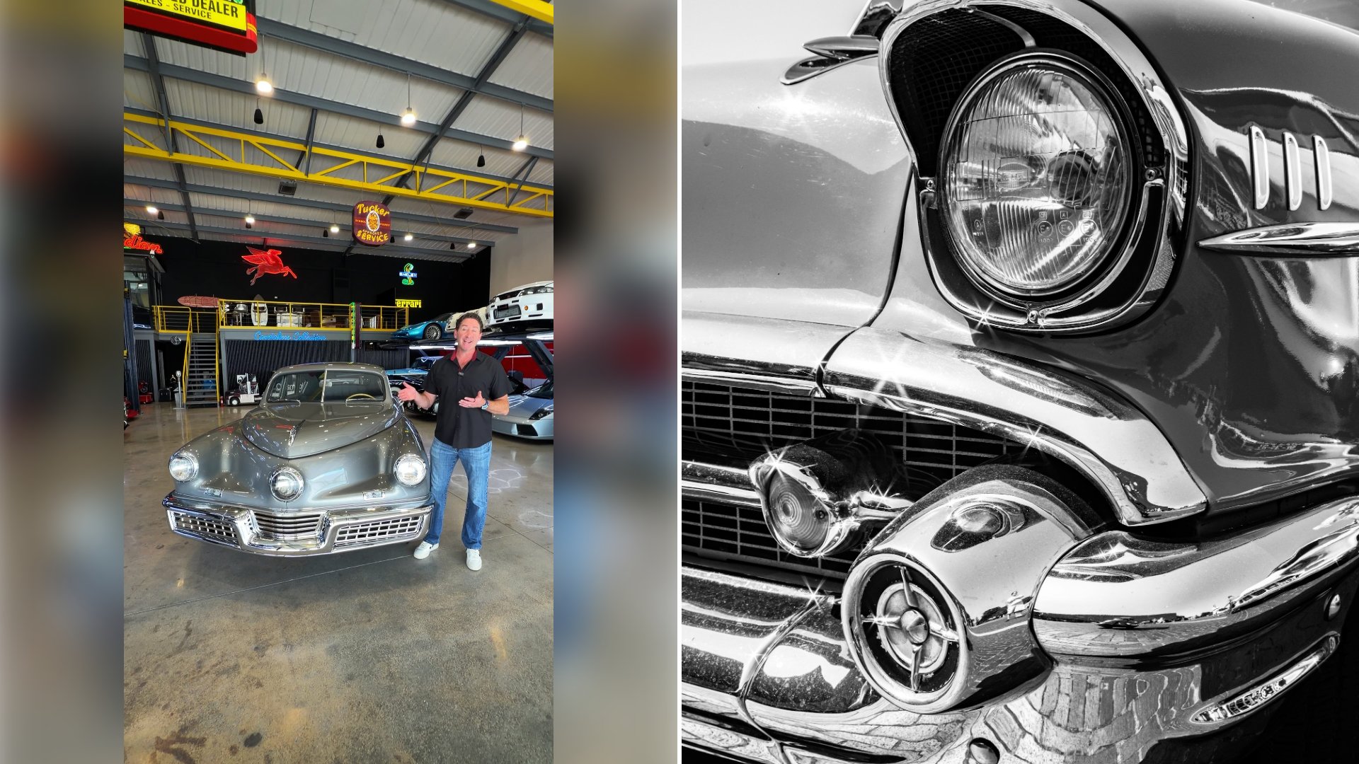 Collector Is Giving An Incredible Tour Of A Rare 1948 Tucker Automobile Built Around A Helicopter Derived Engine, Triple Headlights And A Steering Wheel That Moves With The Car