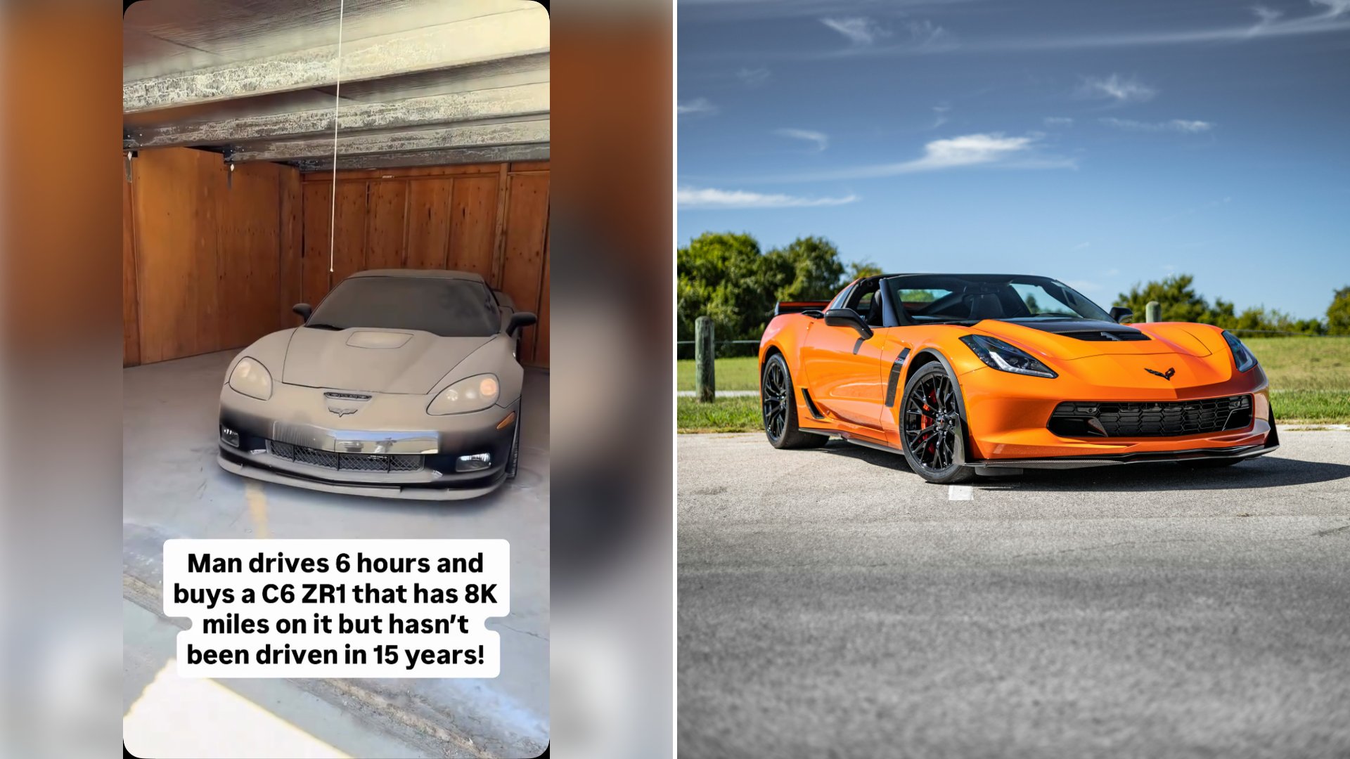 Left: cover still from an Instagram reel by @zr1club_. Right: An orange sports car parked on the side of the road (Unsplash photo by Wes Tindel).