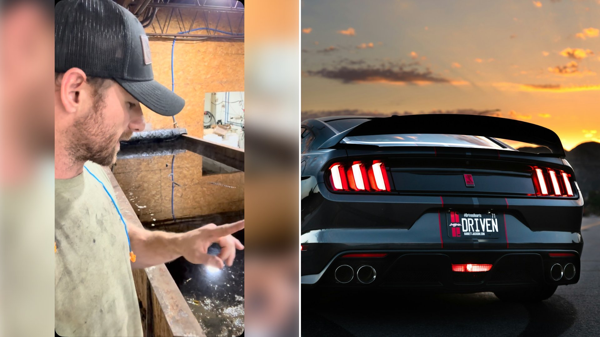 Left: cover still from an Instagram reel by @minute_of_dangle. Right: A black Ford Mustang Shelby GT350 at sunset (Unsplash photo by Tyler Clemmensen).