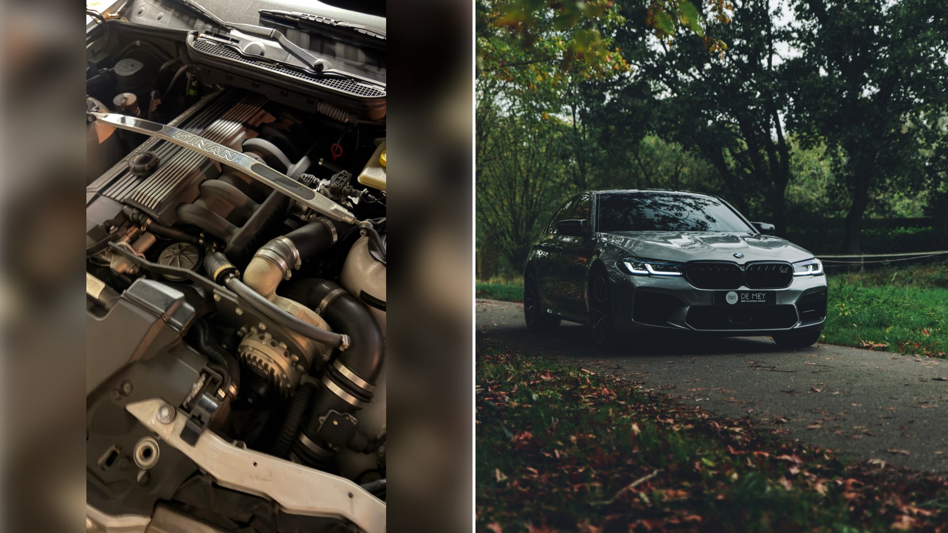 Left: cover still from an Instagram reel by @theflippertwins. Right: A black BMW M3 parked on a road during the day (Unsplash photo by serjan midili).