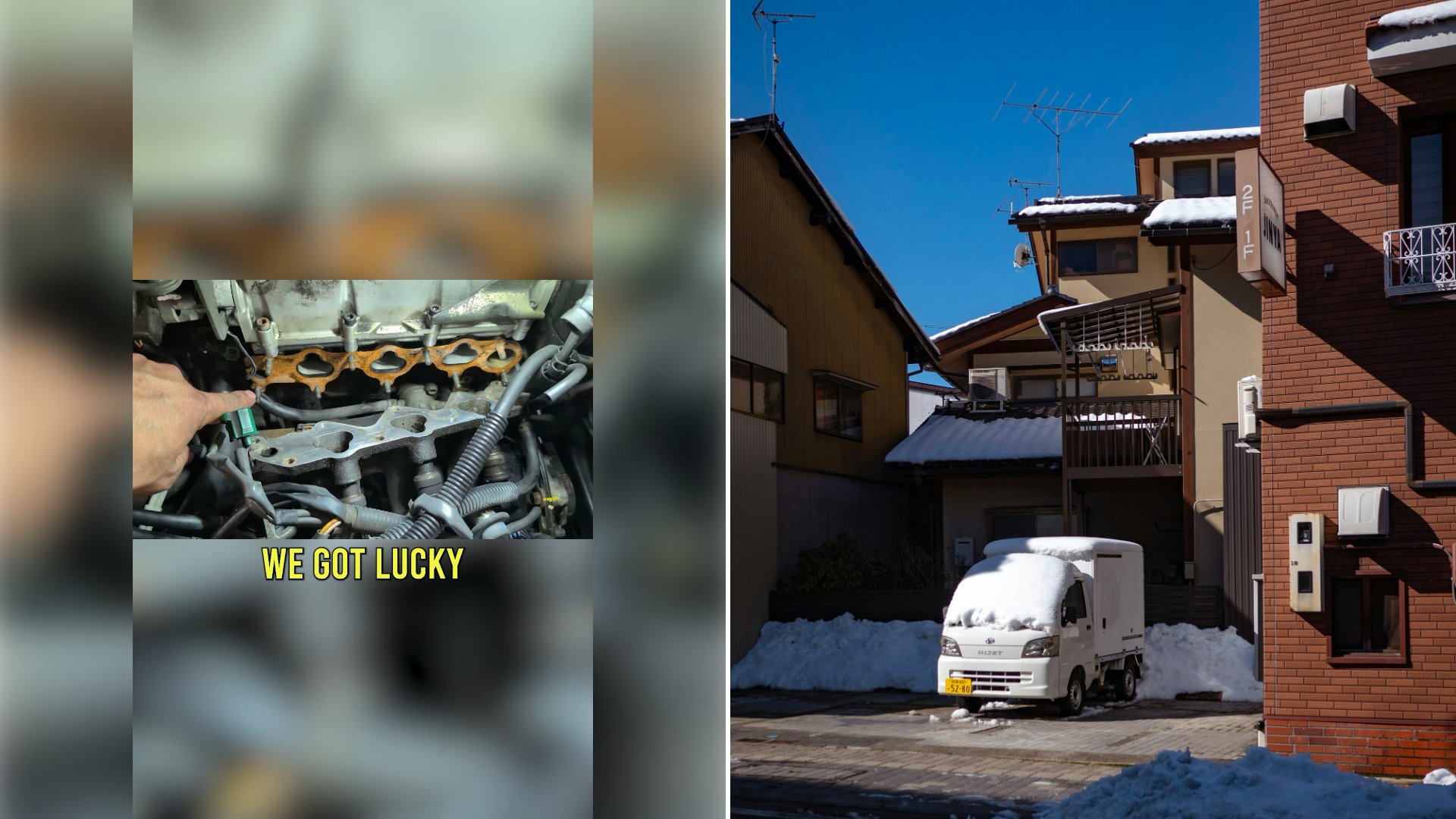 Left: cover still from an Instagram reel by @jubbalandcars. Right: A small white truck parked in front of a red brick building (Unsplash photo by Junel Mujar).