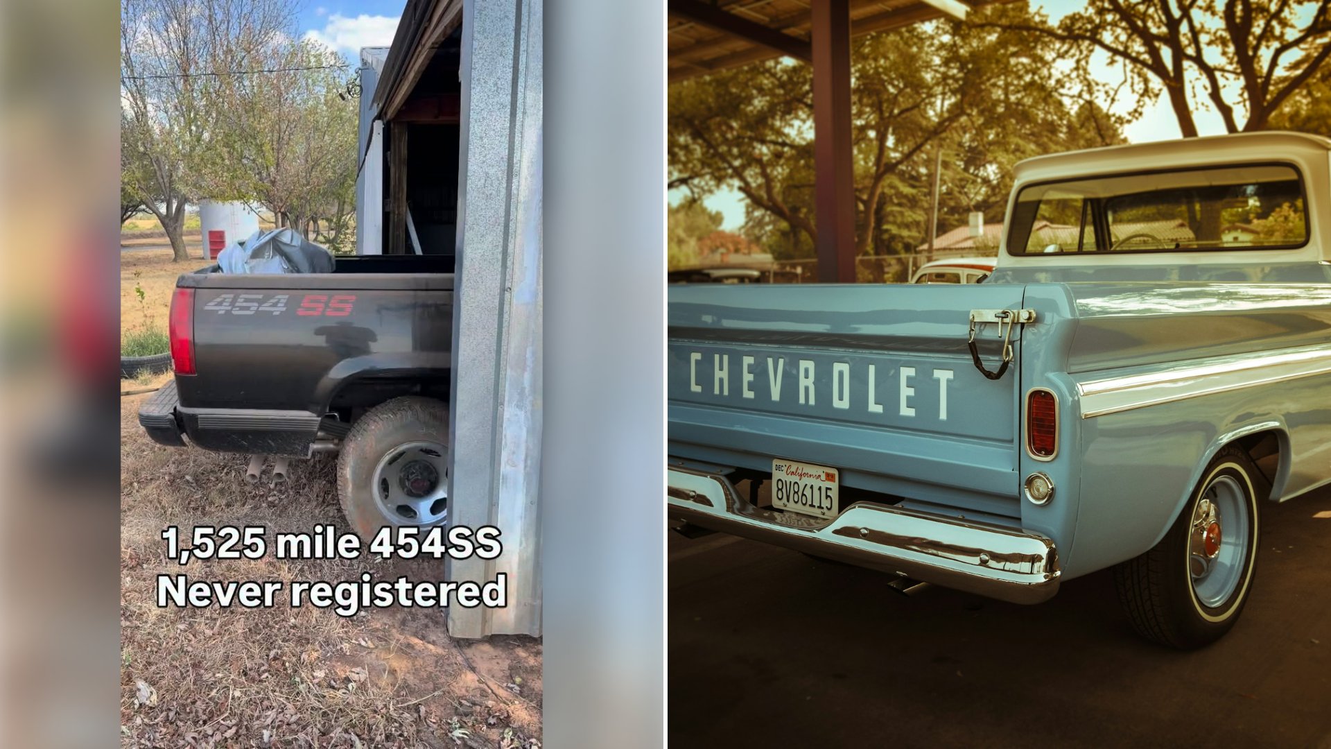 Left: cover still from an Instagram reel by @dhclassics. Right: A white Chevrolet single cab pickup truck parked on a road during the day (Unsplash photo by Jelly Bean).