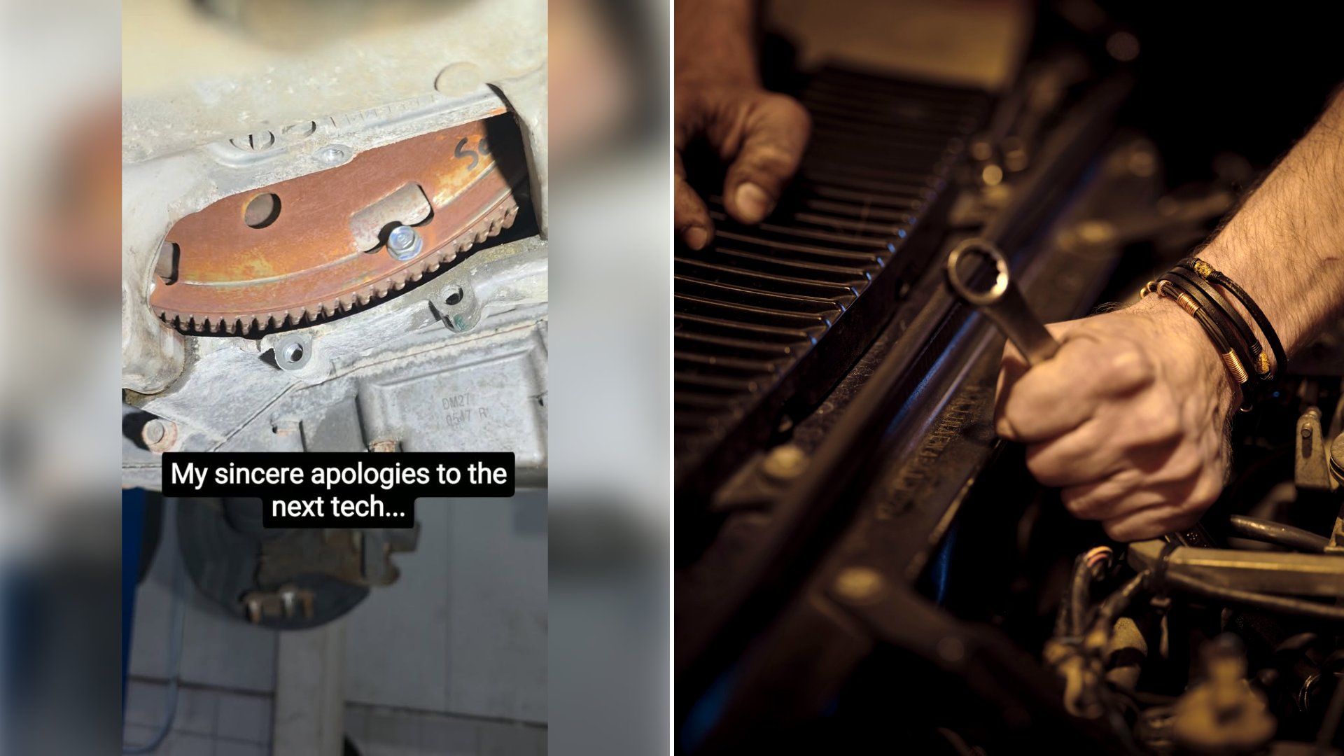 Left: cover still from an Instagram reel by @theothermechanic. Right: Greasy hands working on a car engine with a metal wrench (Unsplash photo by Christian Buehner).
