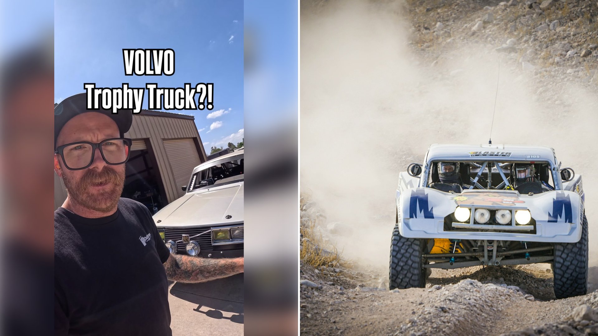 Left: cover still from an Instagram reel by @heatwavevisual. Right: A blue and white truck driving down a dirt road (Unsplash photo by Mike Newbry).