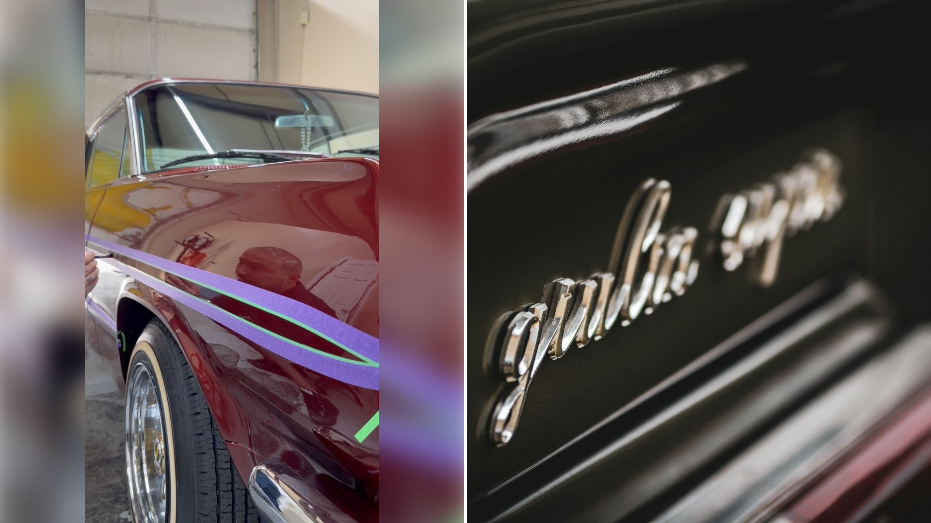 Left: cover still from an Instagram reel by @picasso_pinstriping. Right: A close-up of the emblem on a car (Unsplash photo by Frank Albrecht).