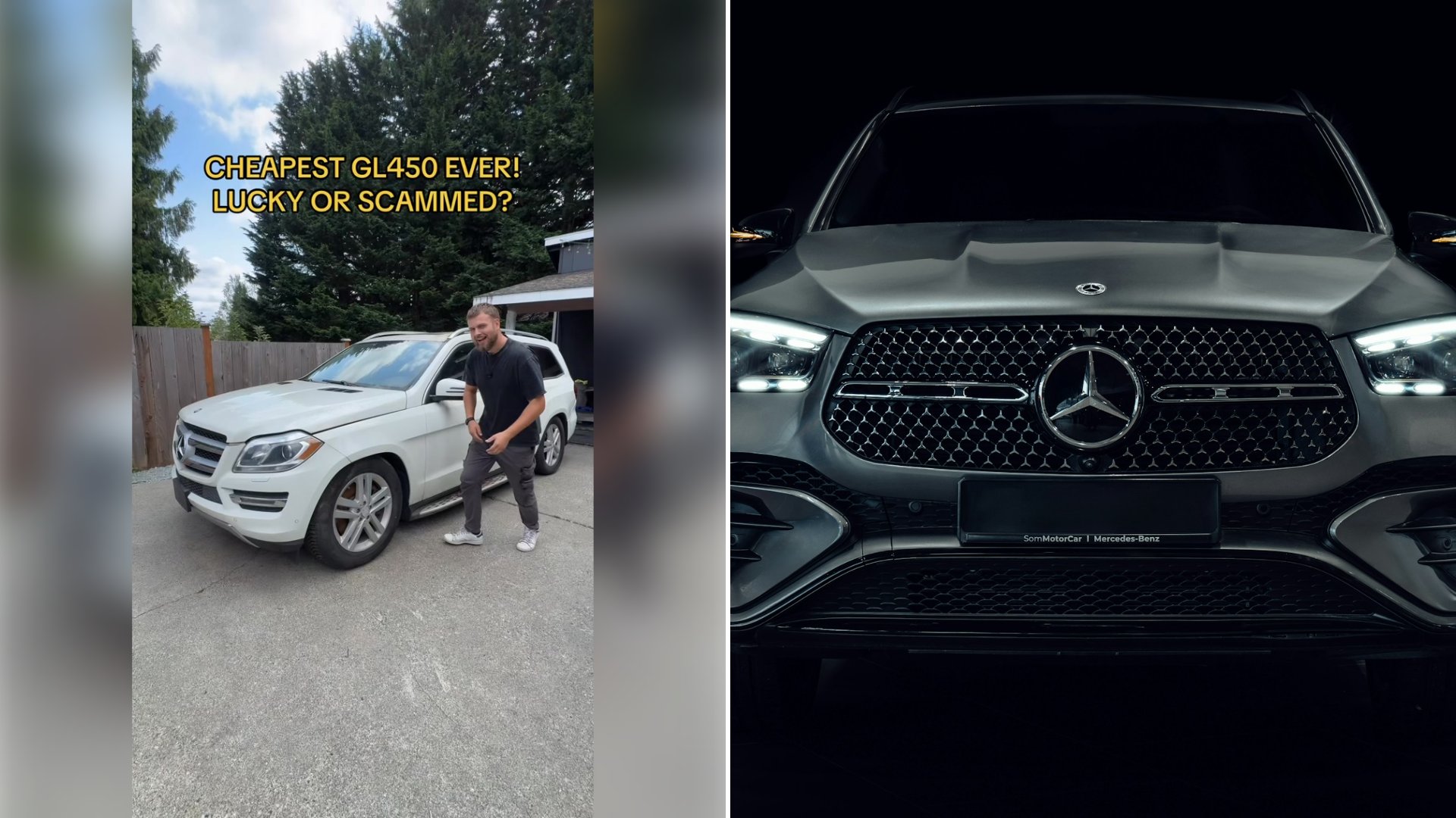 Left: cover still from an Instagram reel by @bybtim. Right: The front end of a dark Mercedes-Benz SUV (Unsplash photo by Lukáš Parničan).