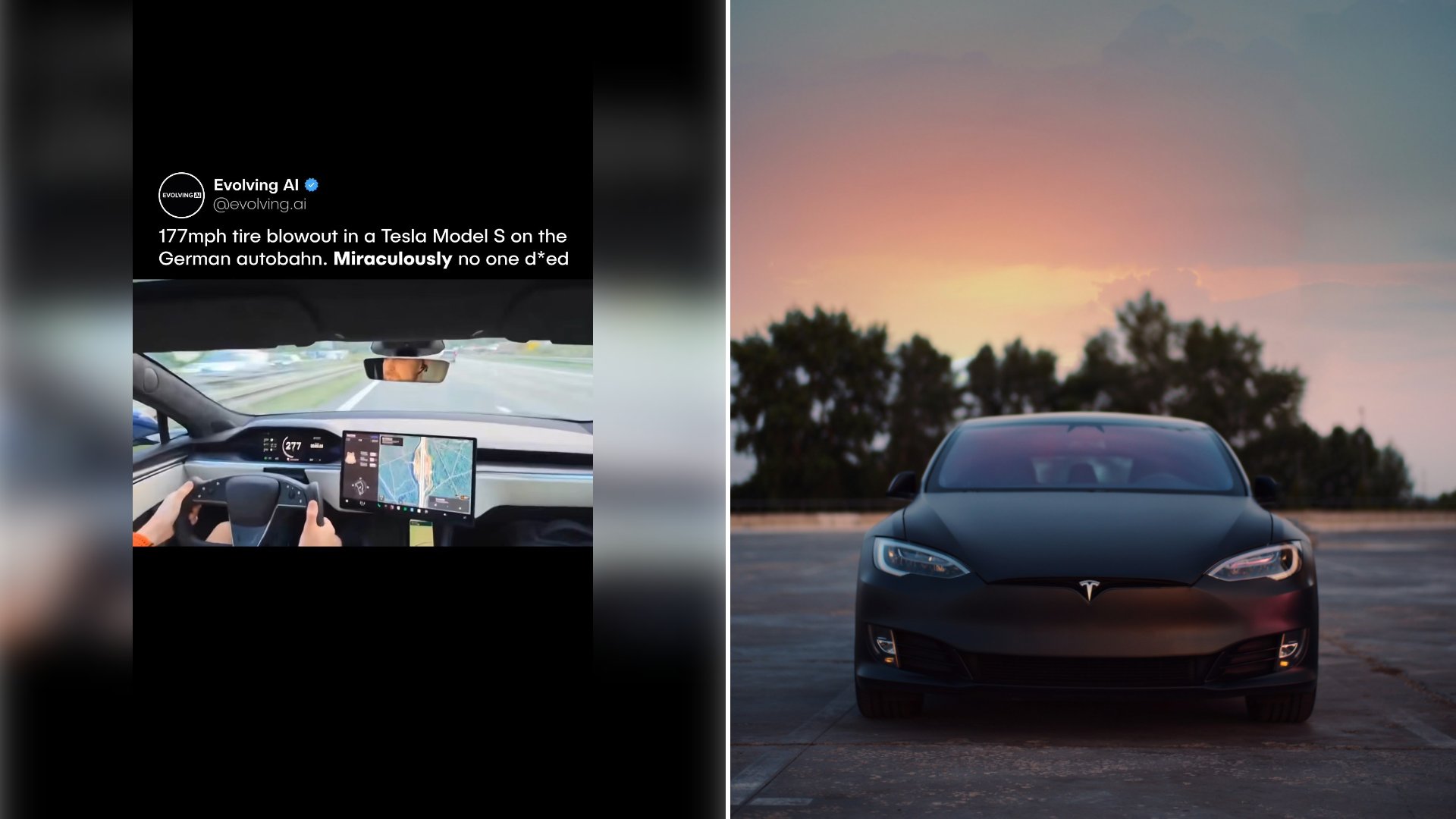 Left: cover still from an Instagram reel by @evolving.ai. Right: A matte black electric car parked on a concrete lot under a warm dusk sky (Unsplash photo by Dmitry Novikov).