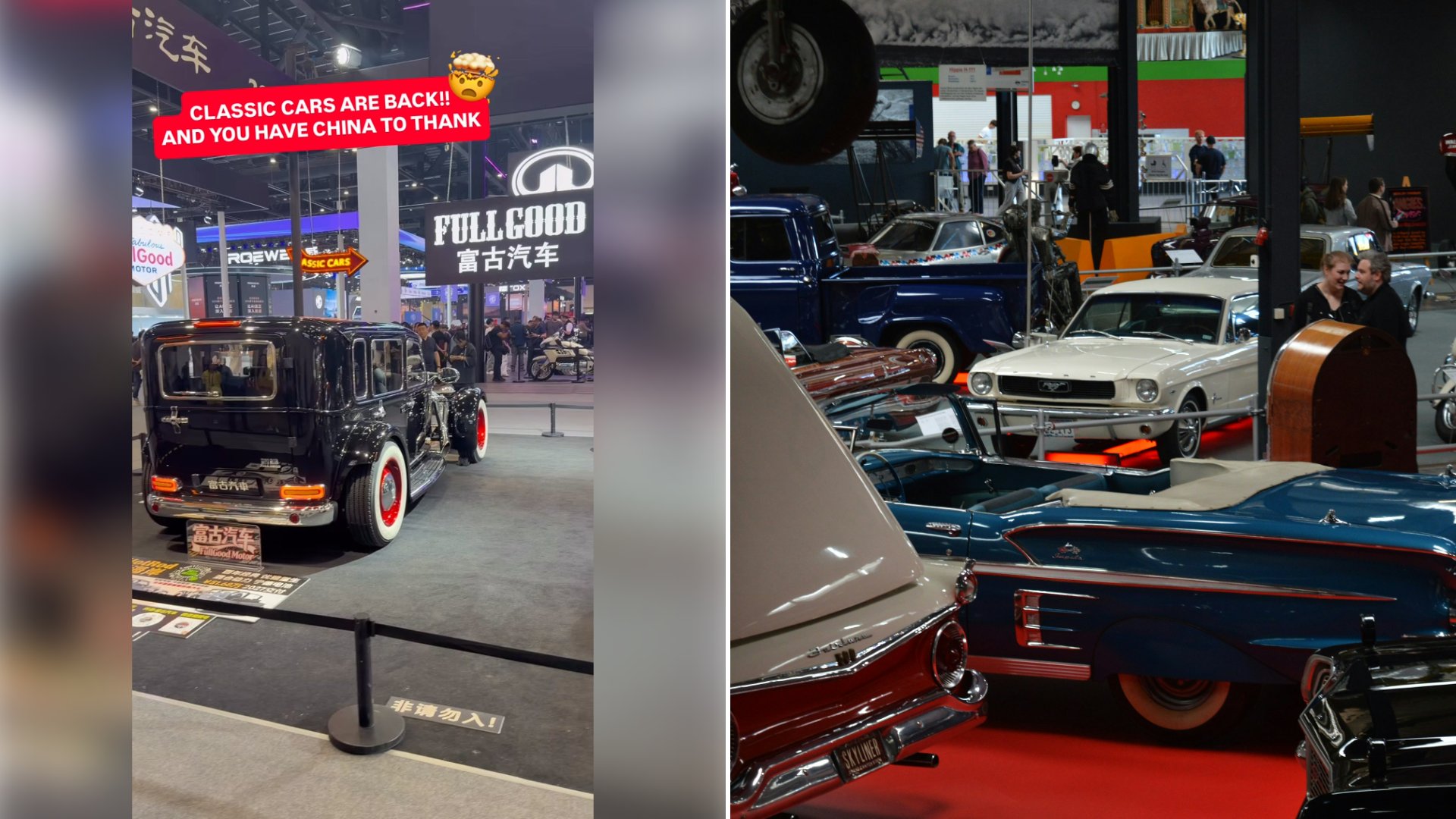 Left: cover still from an Instagram reel by @thecarscene_. Right: Vintage cars displayed in a museum with red flooring (Unsplash photo by Michal Kučera).