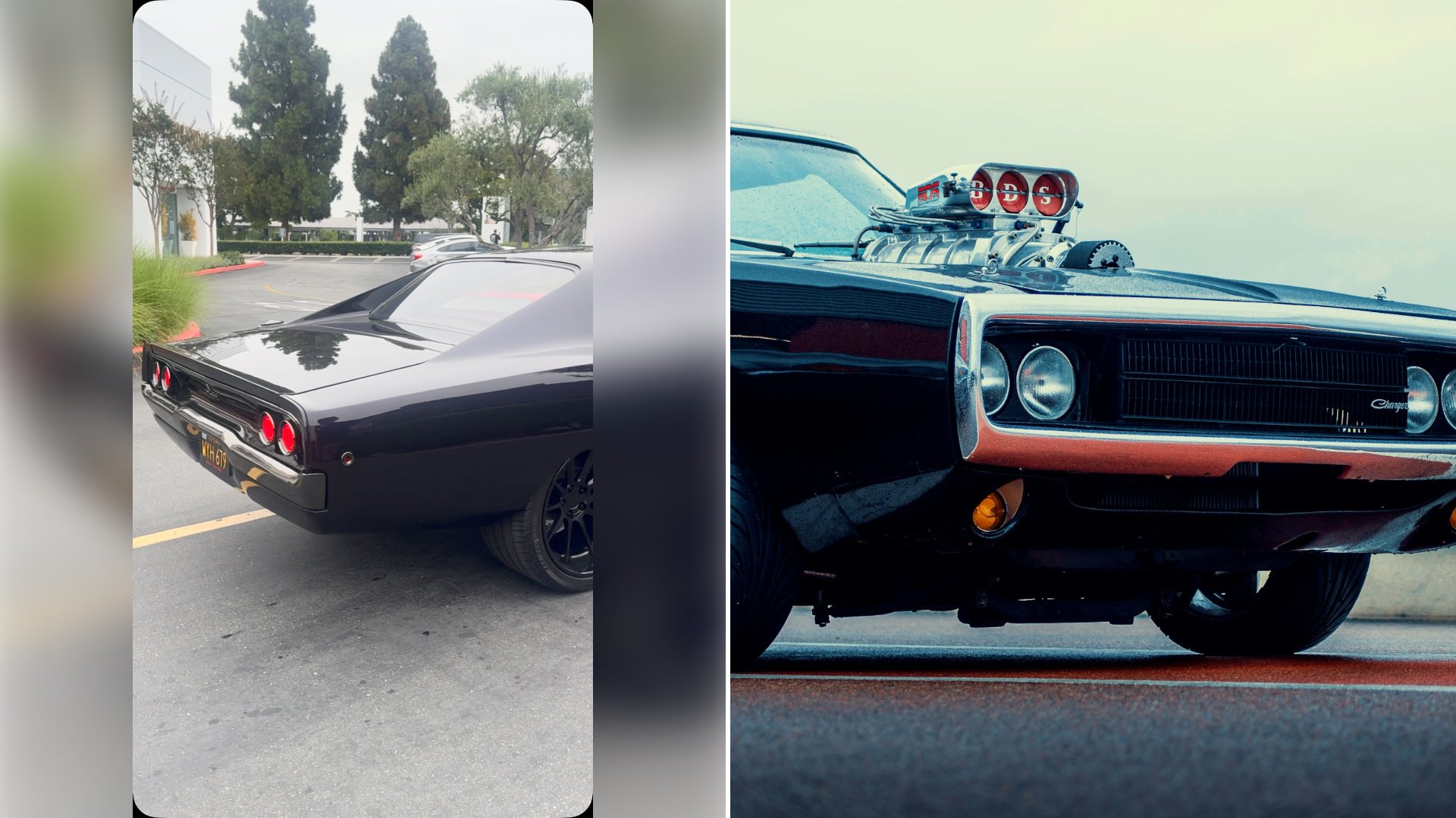 Left: cover still from an Instagram reel by @socalclassic. Right: A black muscle car with chrome rims parked on a street (Unsplash photo by Cook aynne).
