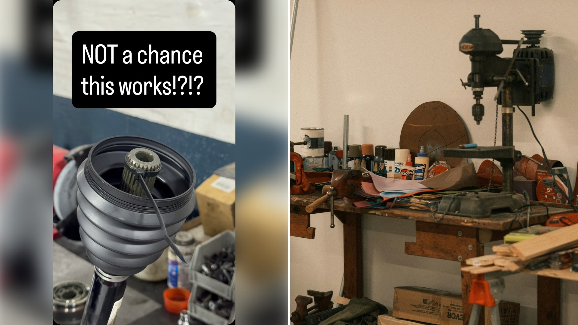Left: cover still from an Instagram reel by @curtisagardner. Right: A cluttered workbench with tools and supplies (Unsplash photo by Paul Calvo).
