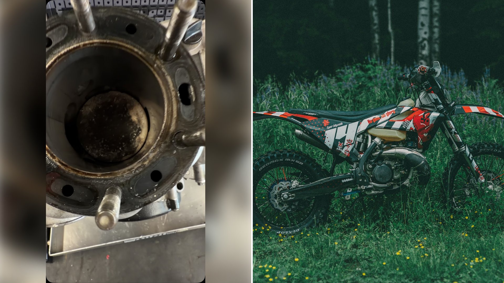 Left: cover still from an Instagram reel by @nwmotogarage. Right: A red and black motocross dirt bike on a grass field (Unsplash photo by Egor Myznik).