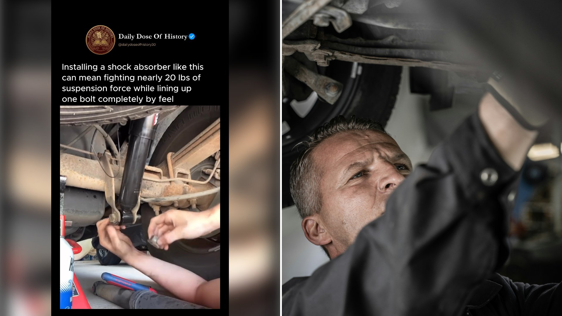 Mechanic Works Under a Truck to Line Up a New Rear Shock Bolt While the Caption Explains That the Axle Shifts and Puts Pressure on the Mounting Points So the Holes Will Not Match