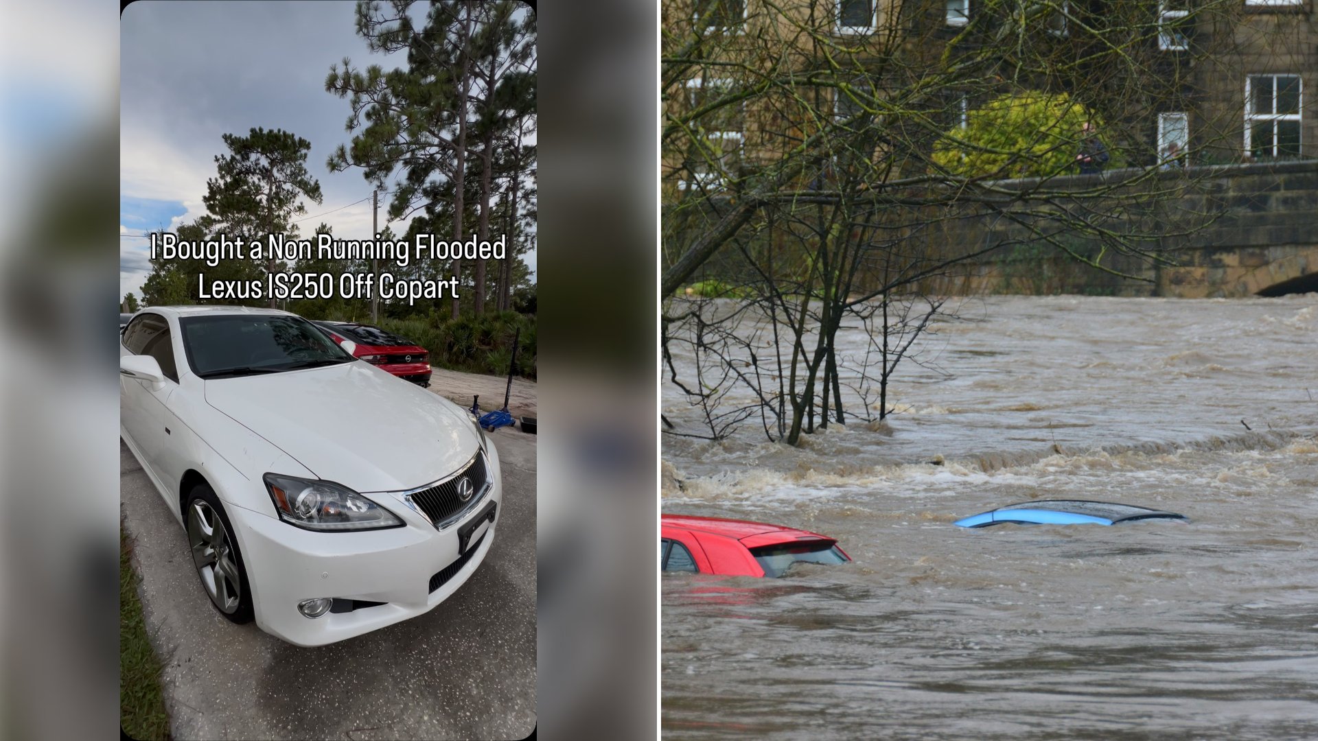 Left: cover still from an Instagram reel by @. Right: Three cars partially submerged in a flooded river near a stone bridge (Unsplash photo by Chris Gallagher).