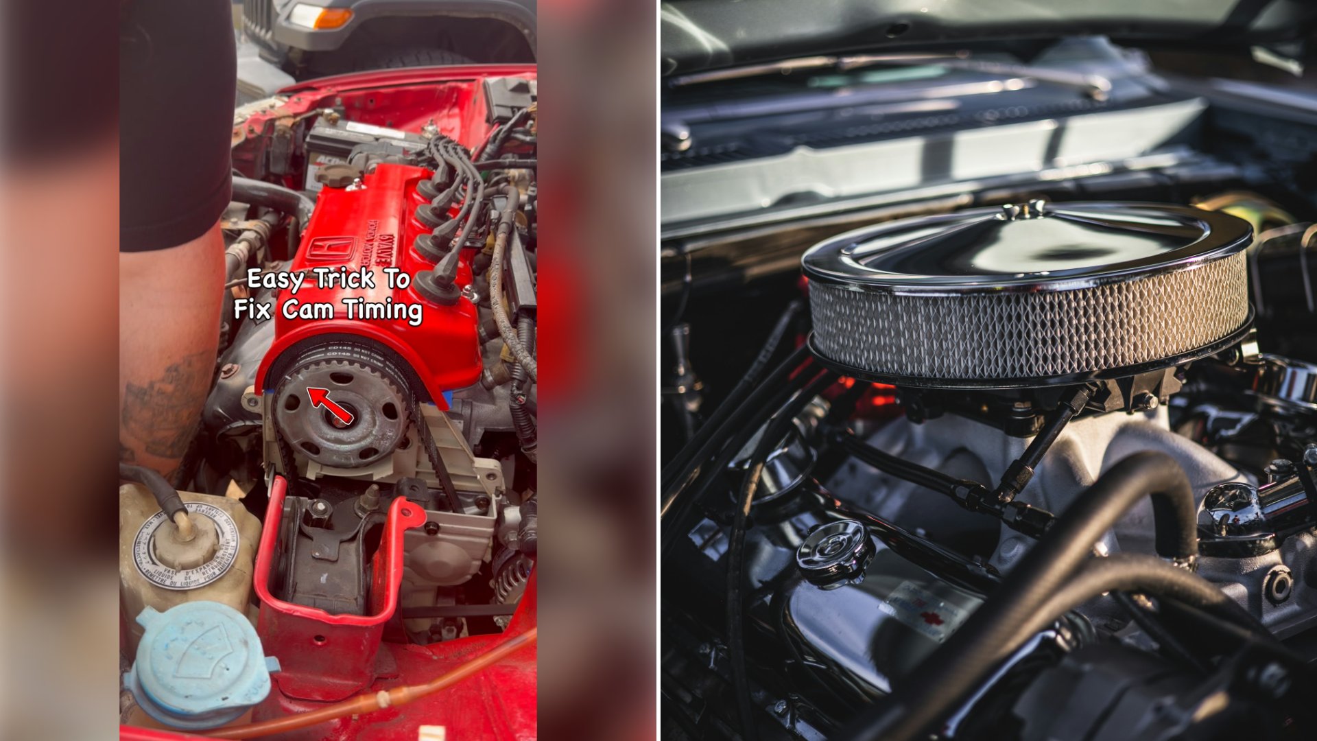 Left: cover still from an Instagram reel by @. Right: A close-up of a car engine (Unsplash photo by blayne spires).