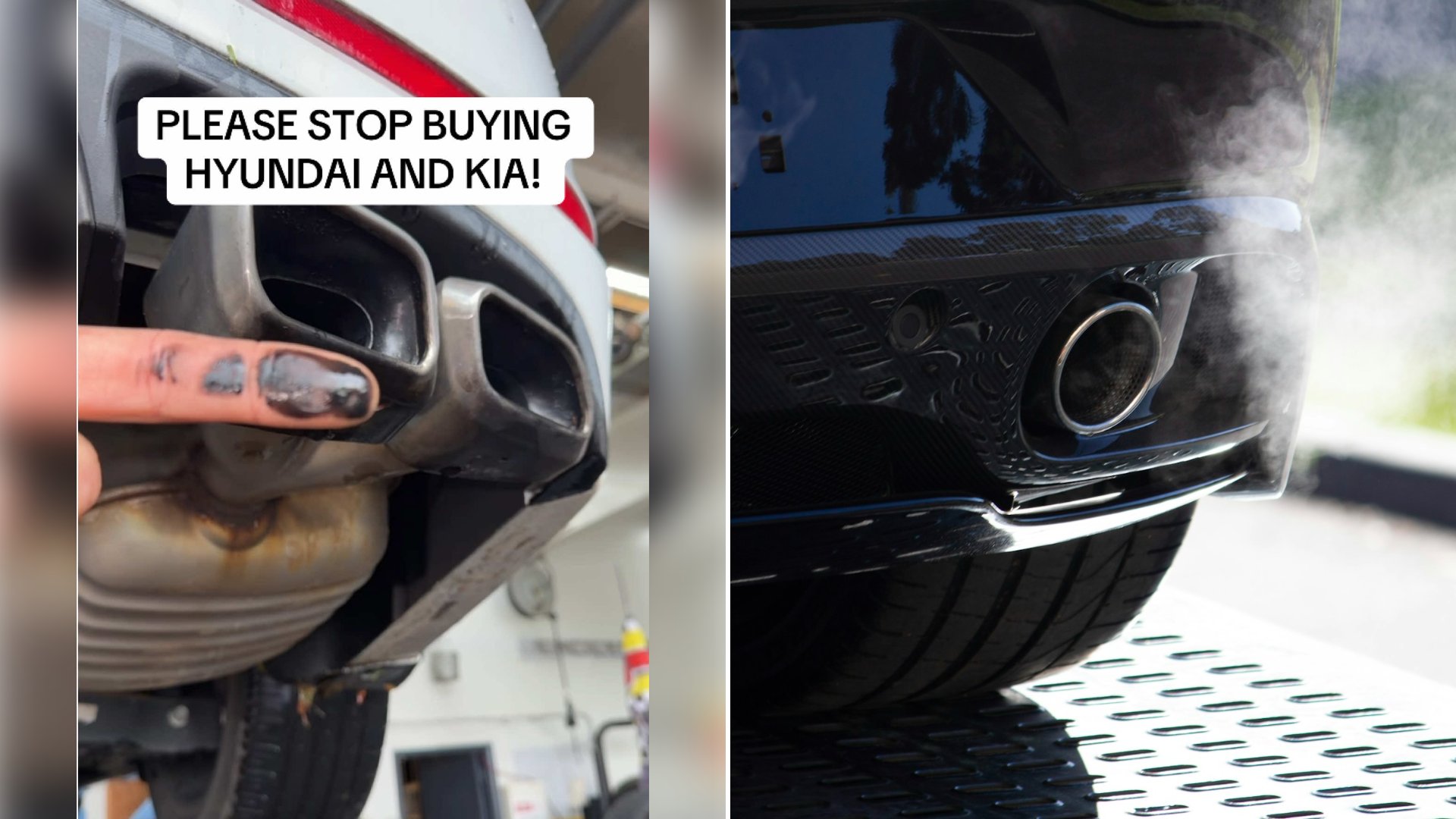 Left: cover still from a TikTok video by @@theclawboss. Right: The exhaust of a black car (Unsplash photo by Matt Boitor).