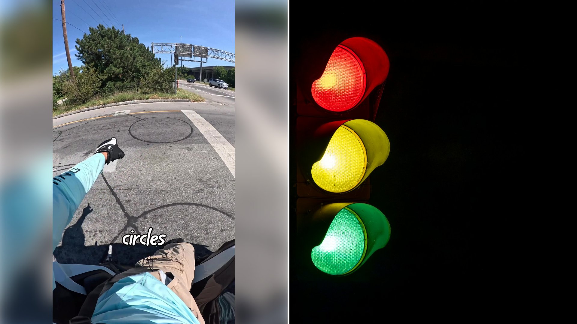 Left: cover still from a TikTok video by @@kal_6r. Right: A traffic light glowing red, yellow and green in the darkness (Unsplash photo by Drew Beamer).